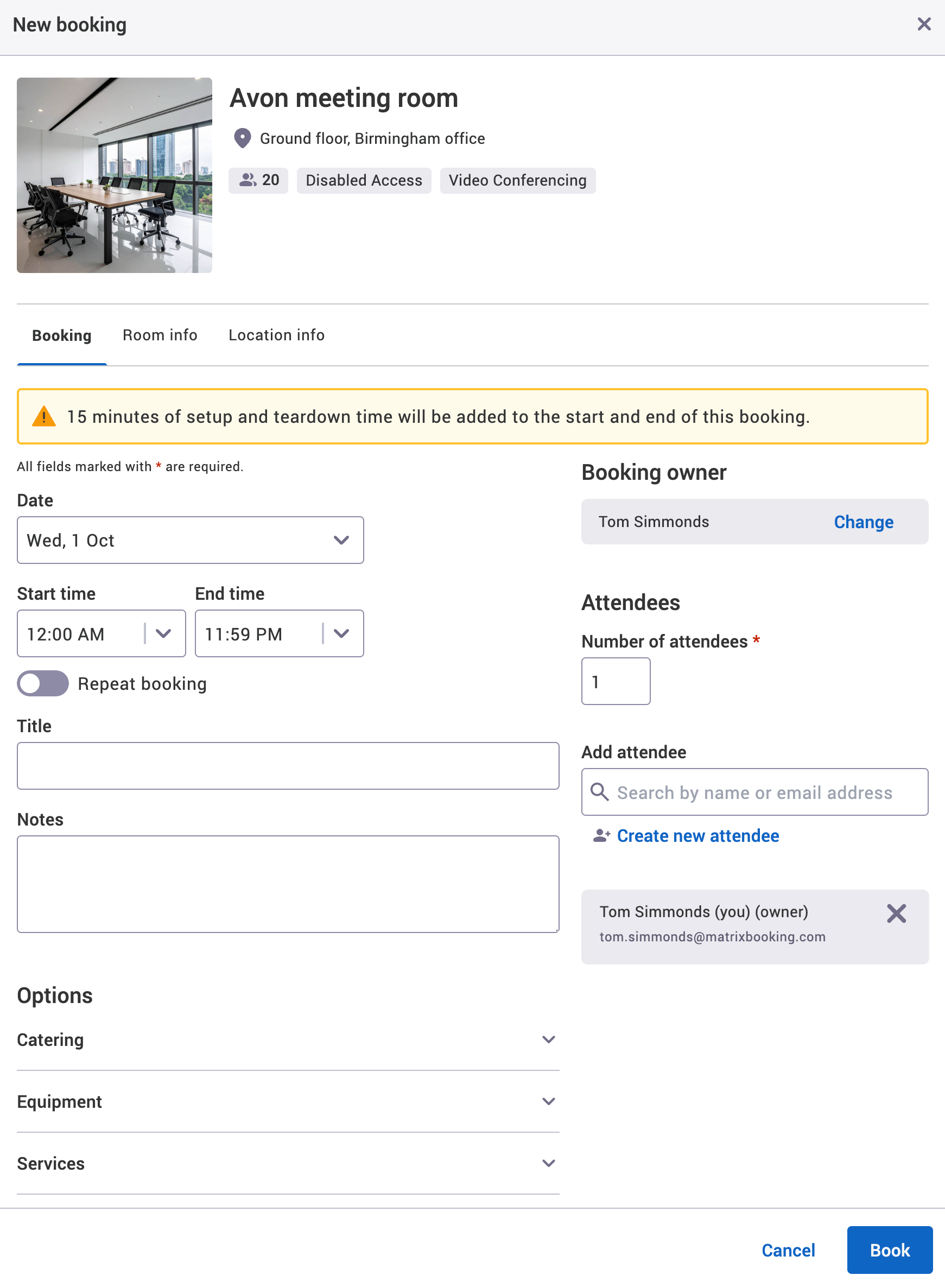 Buffer times warning message in the new booking pop-up.