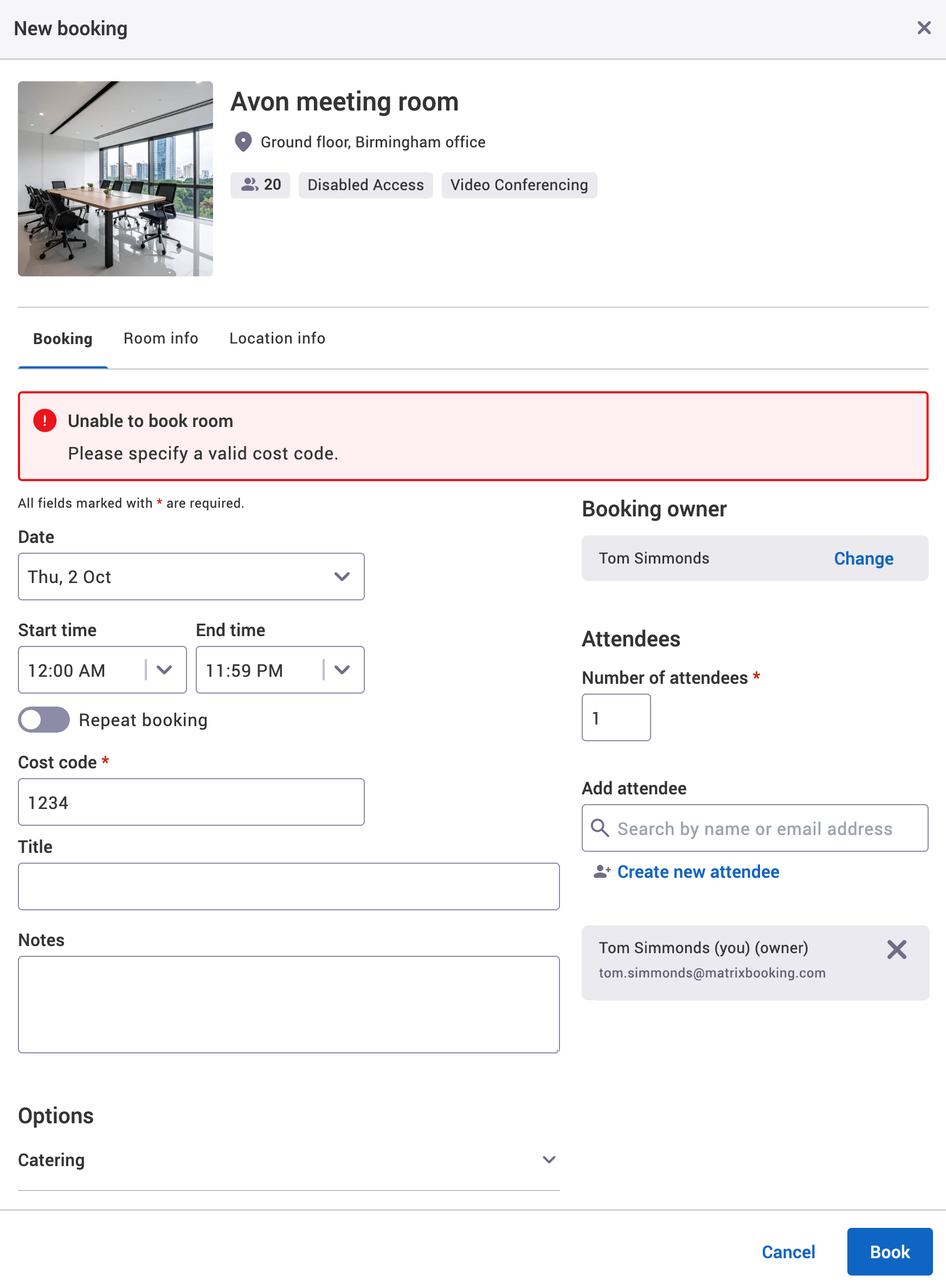 Valid cost code error message on the new booking pop-up.