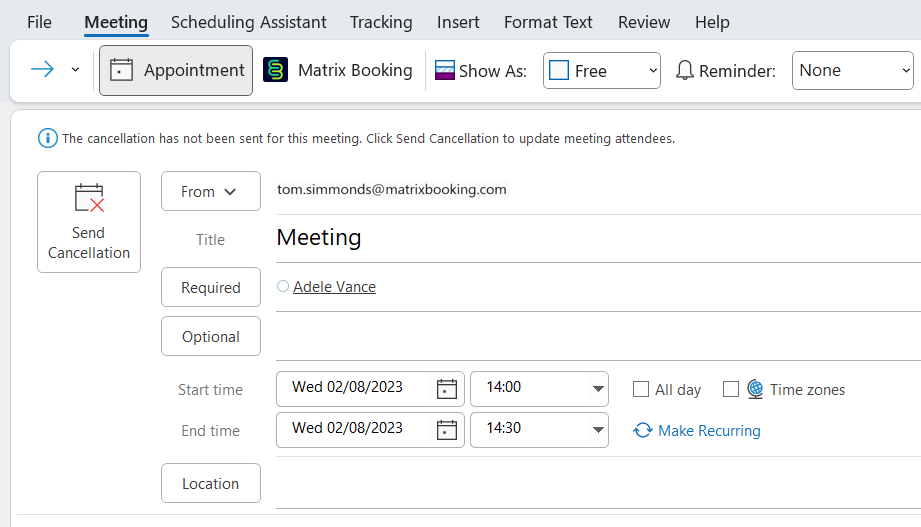 Appointment screen with example booking being cancelled.