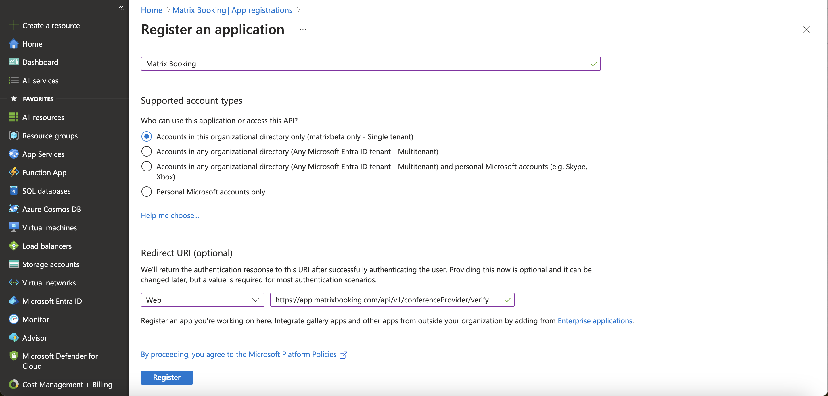 Register an application screen in Microsoft Azure.