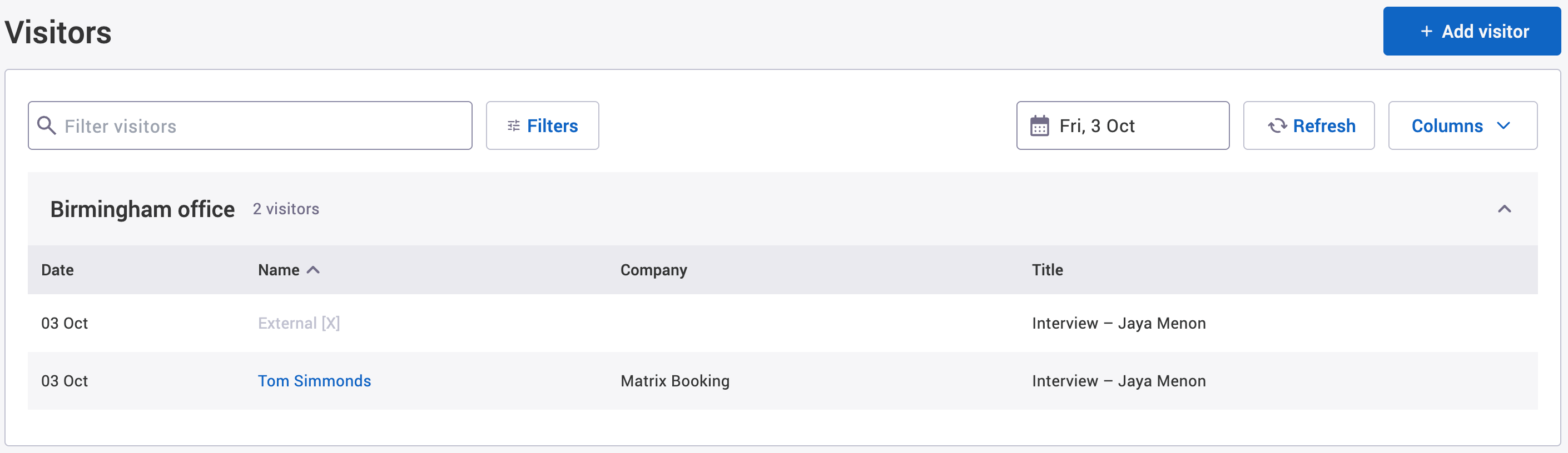 Example visitor's name anonymised with External X.
