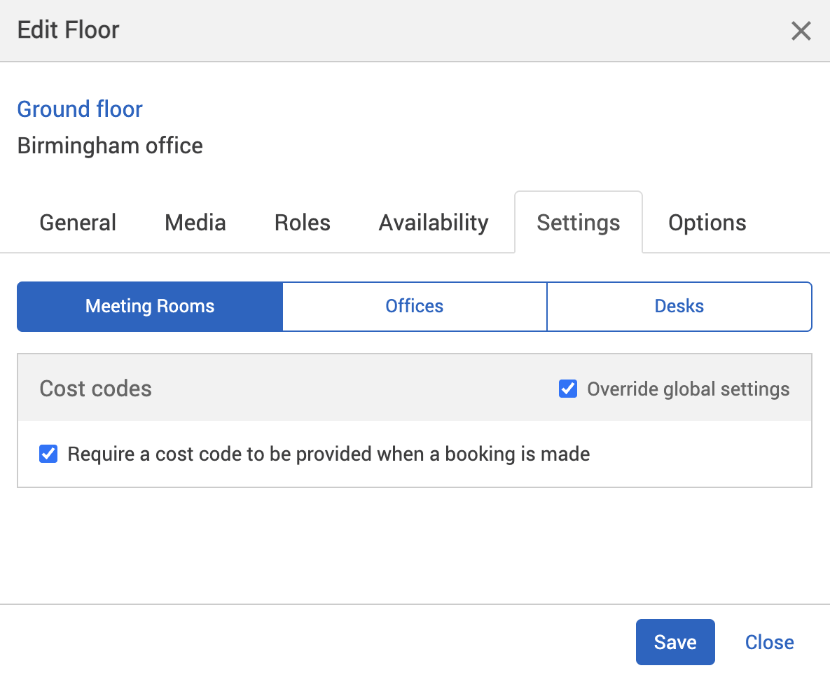 Cost codes switched on in the settings tab of the edit location pop-up.