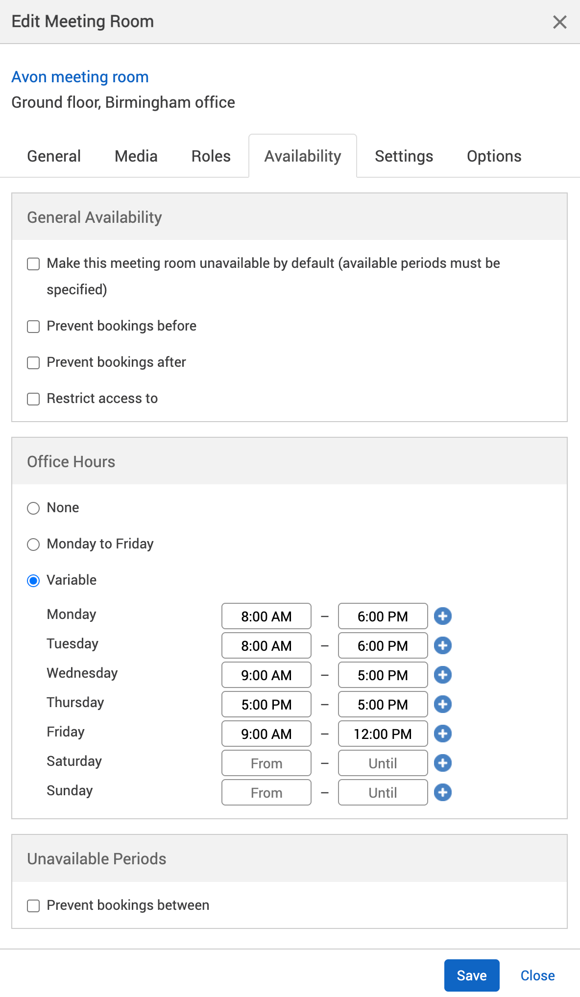 The variable office hours have bee entered for different days of the week on the edit meeting room pop-up.