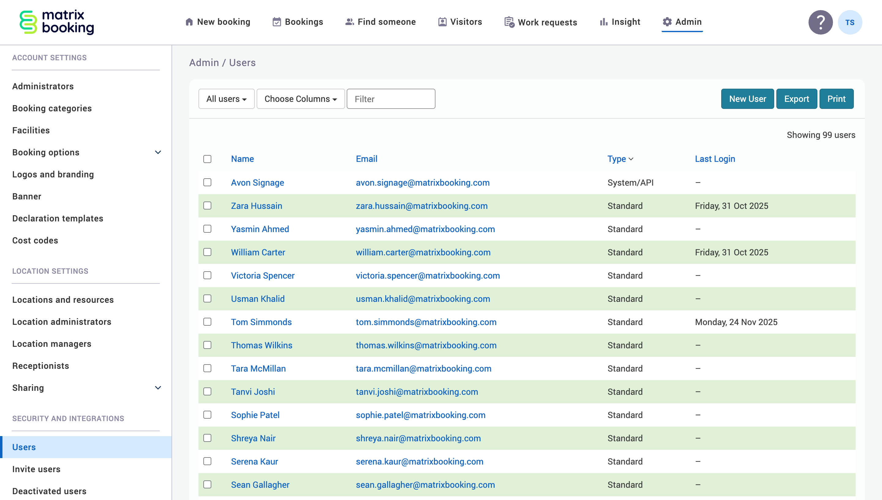 Table of users reorganised by type on the Users screen.
