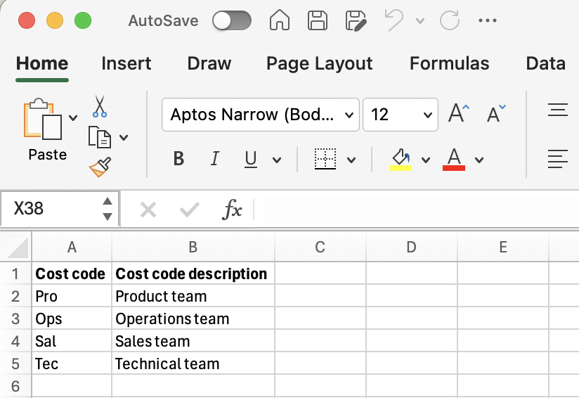 Example cost code spreadsheet.