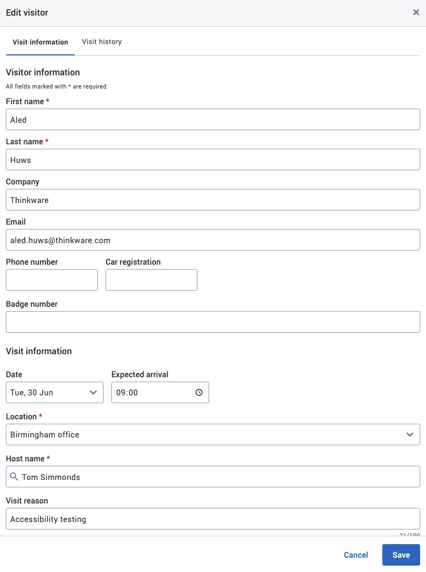 Edit visitor dialog for an example visitor.
