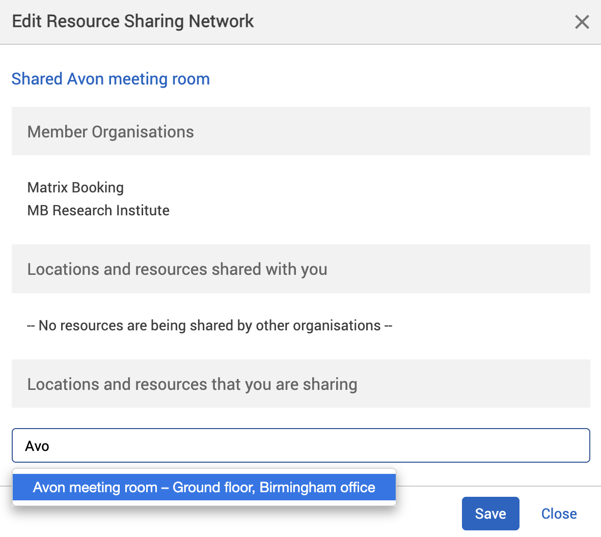 Edit resource sharing network pop-up.