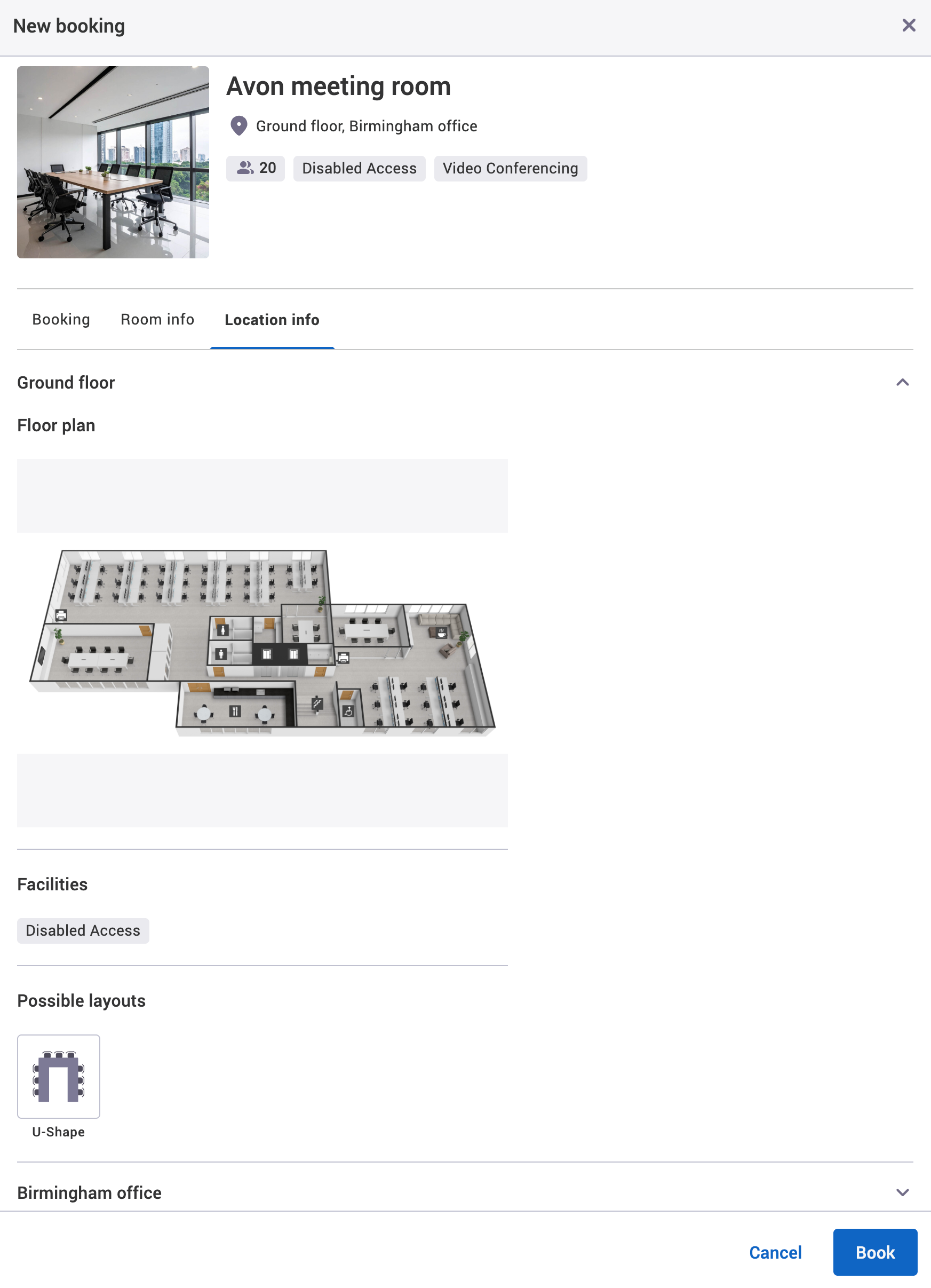 Floor plan available in location info tab of the new booking pop-up.
