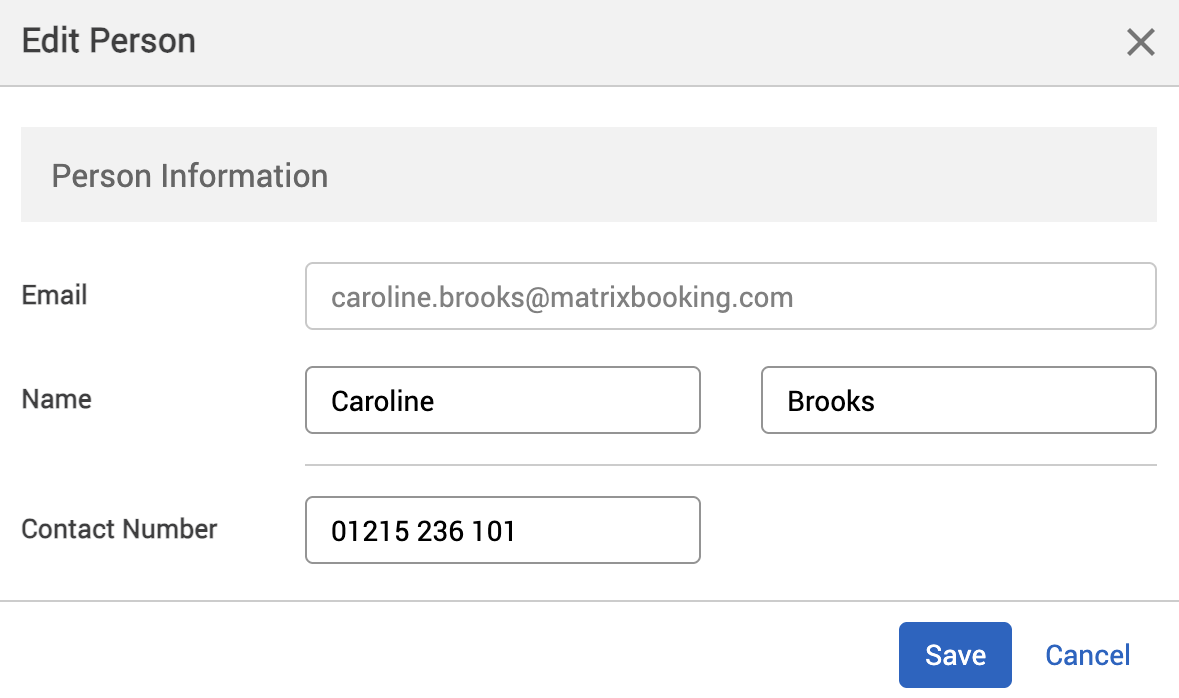 The edit person pop-up of an example user.