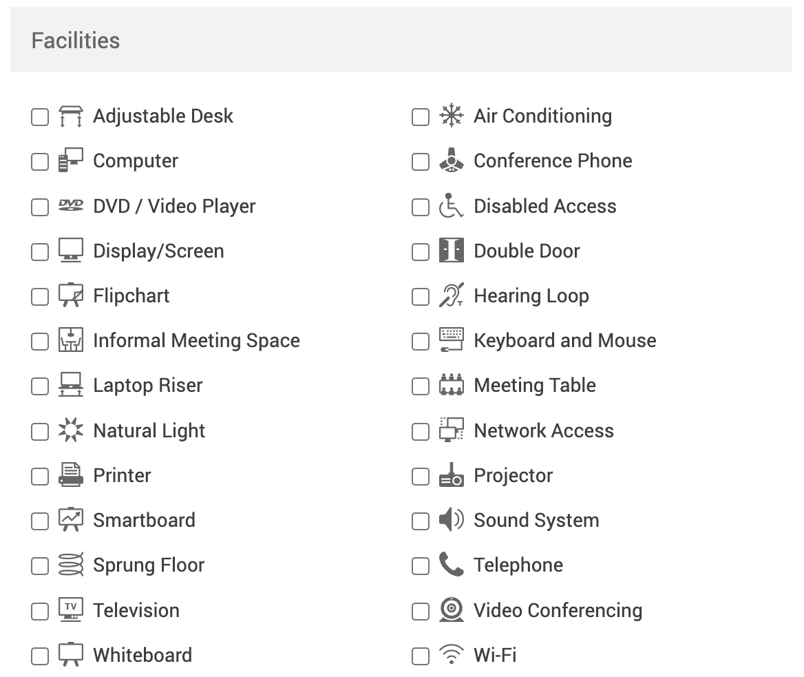 Full list of available facilities in the edit location or resource pop-up.