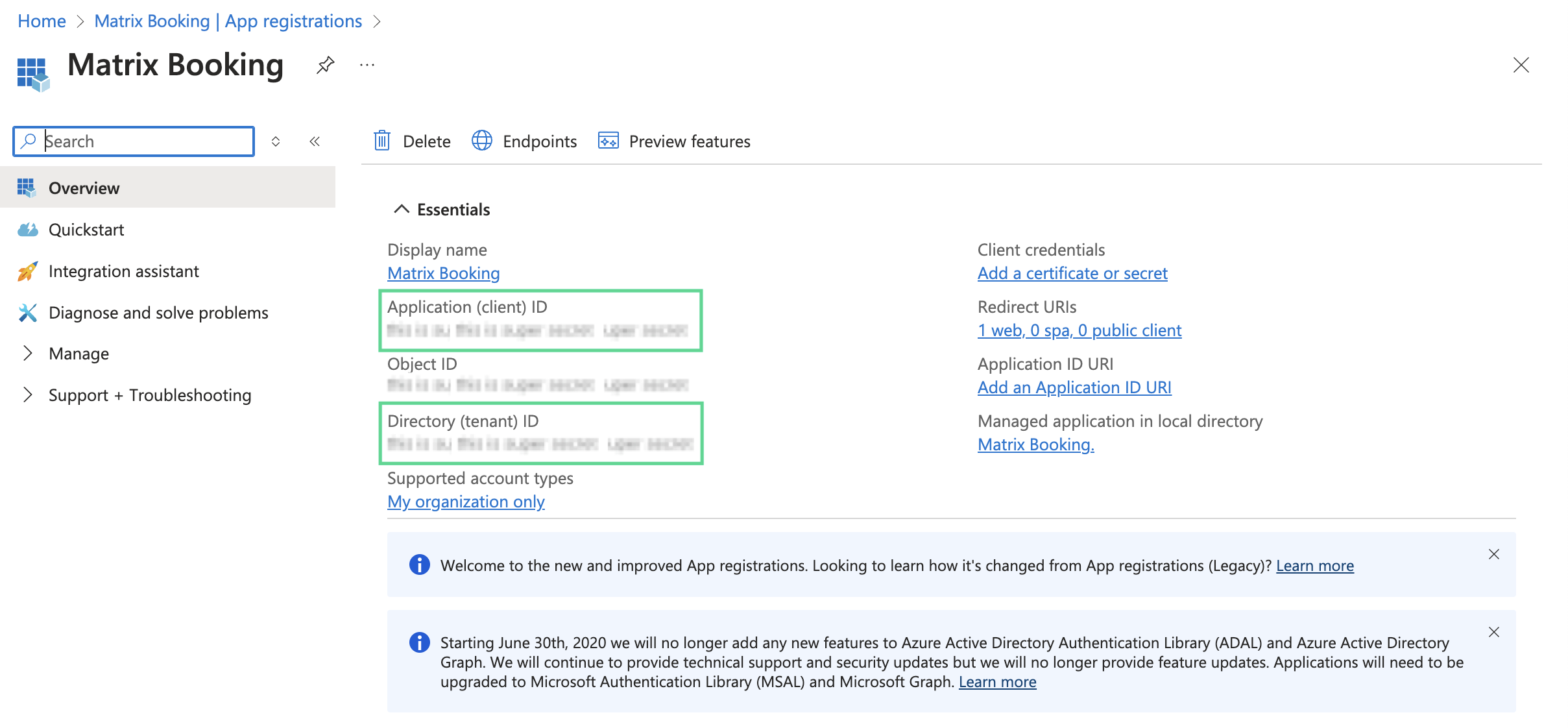 Application and directory IDs displayed in the app registrations screen in Microsoft Azure.