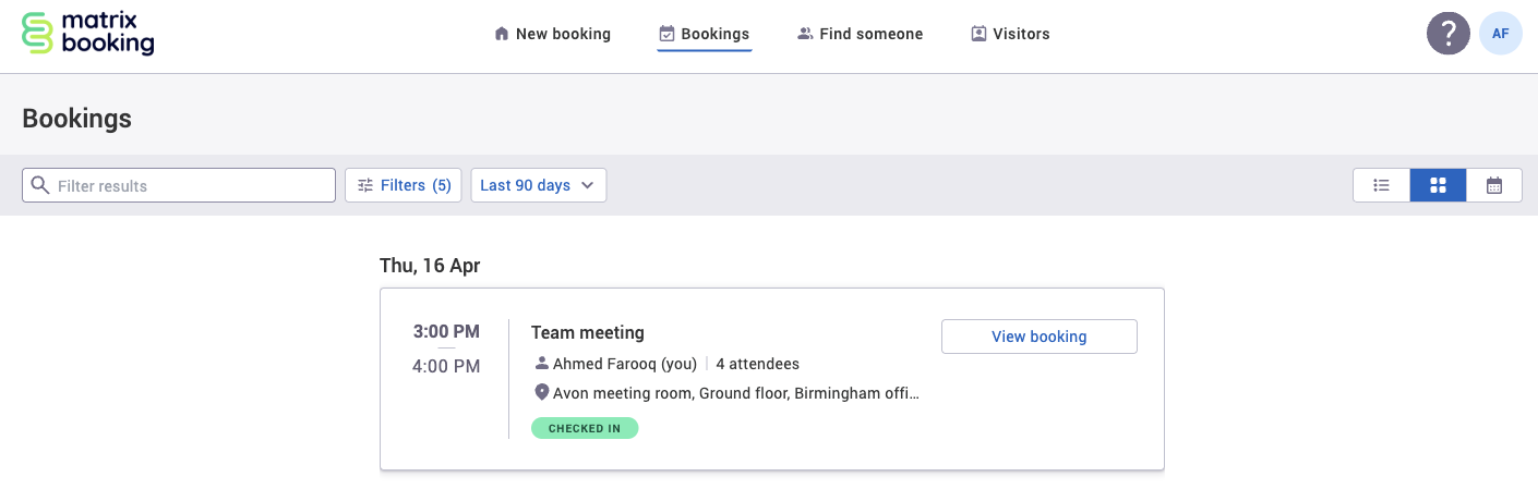 Standard user view of the bookings screen when all the tabs are removed with this feature.