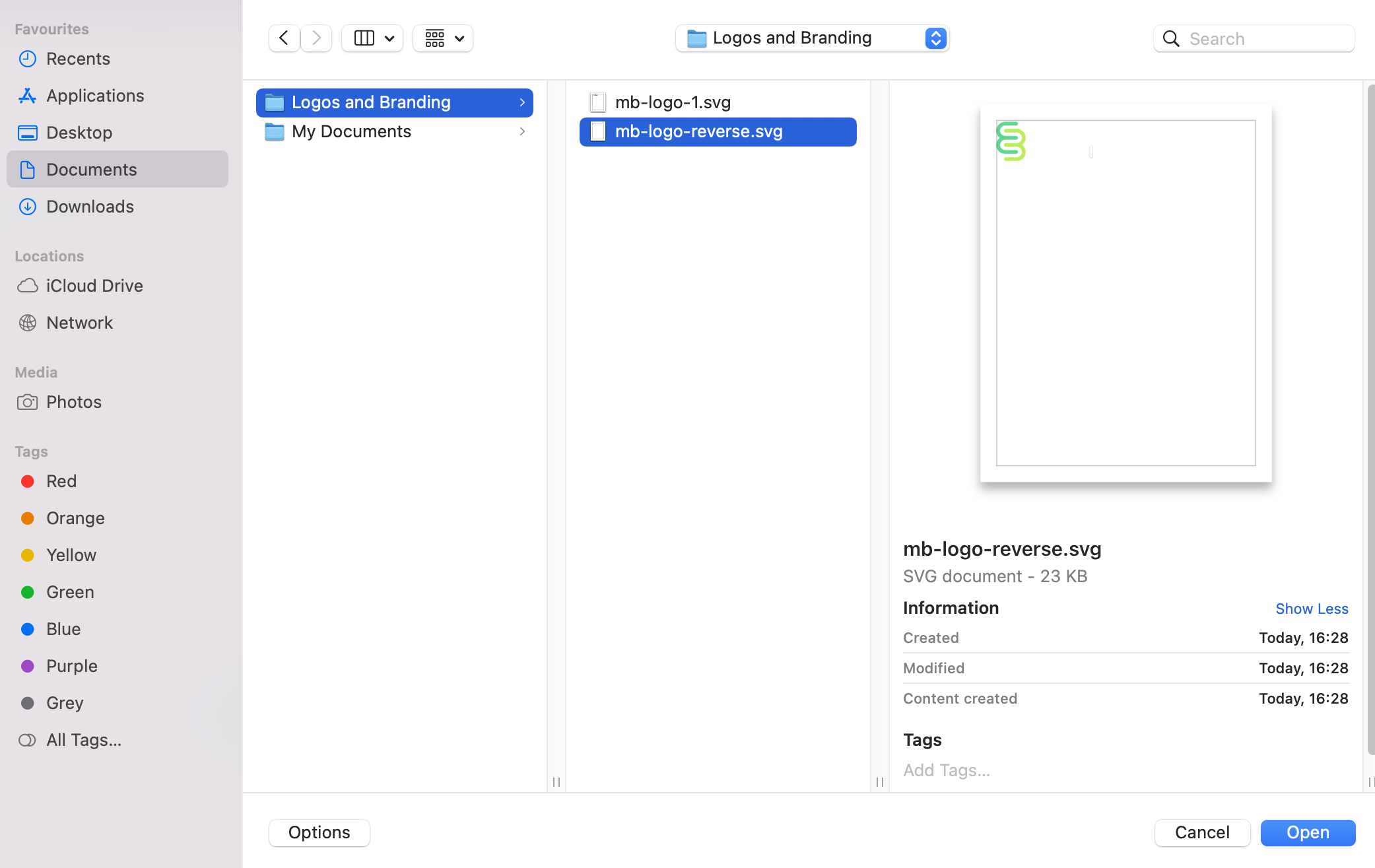 An example file explorer where the user has navigated to the logo file they want to use