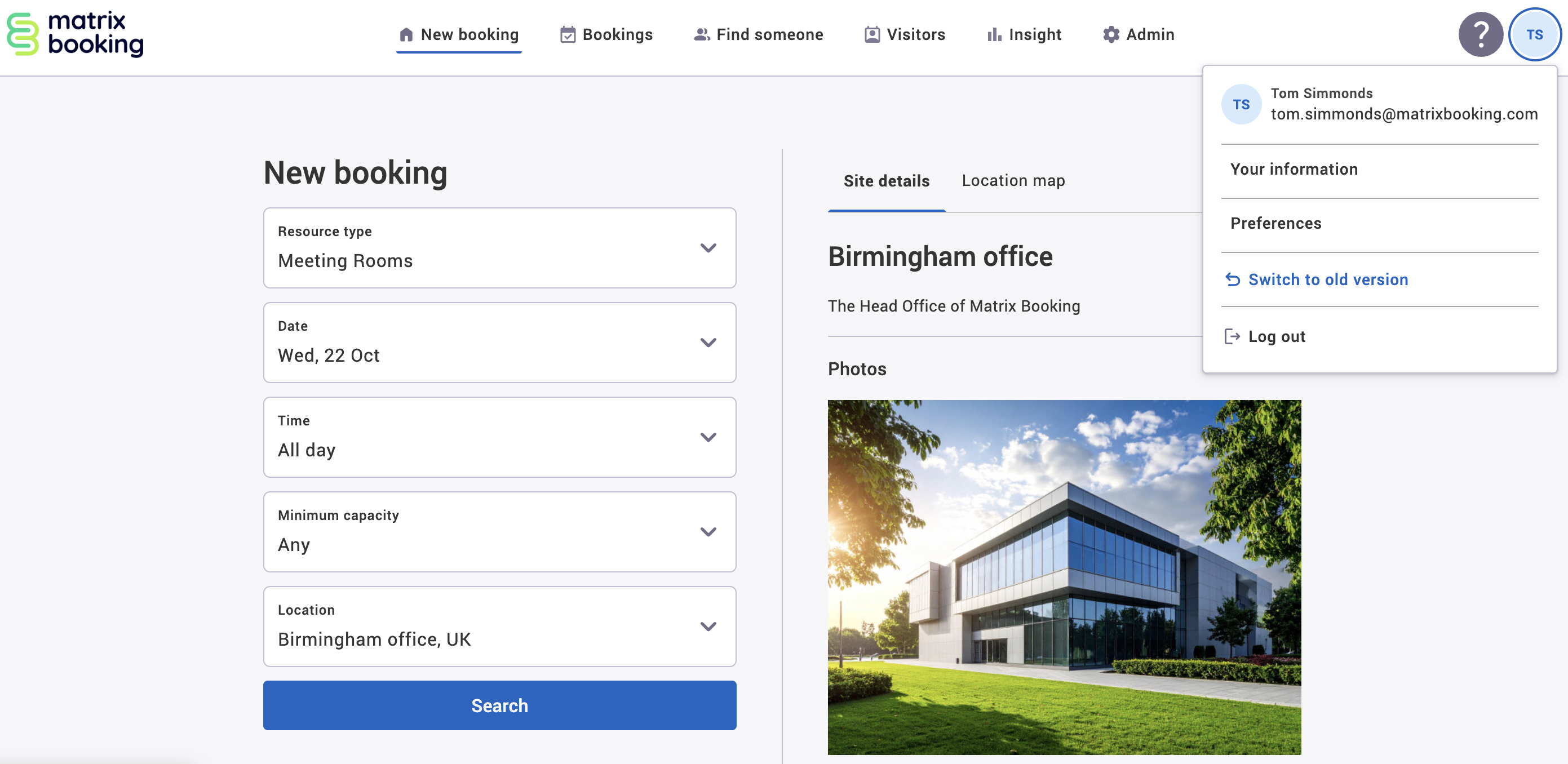 Link to current version of Matrix Booking in the profile dropdown. 