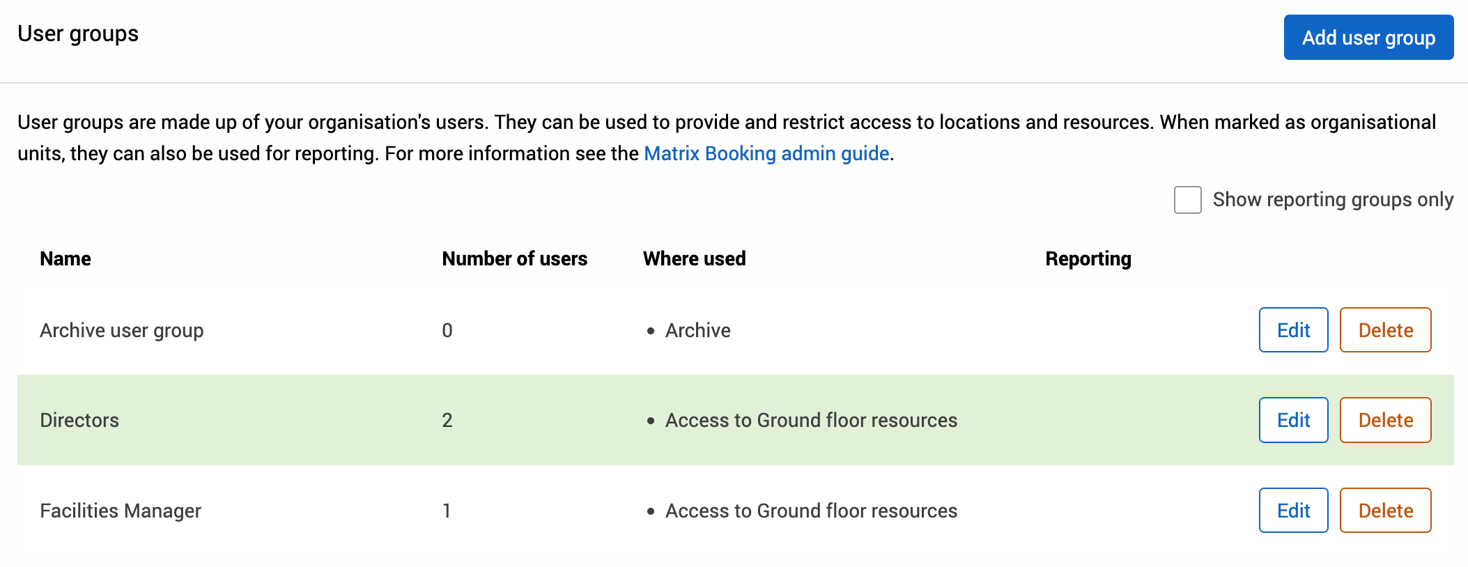 User groups screen with example user groups.