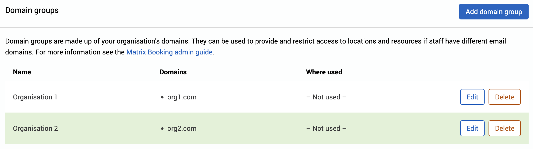 Organisations 1 and 2 domain groups have been set up.