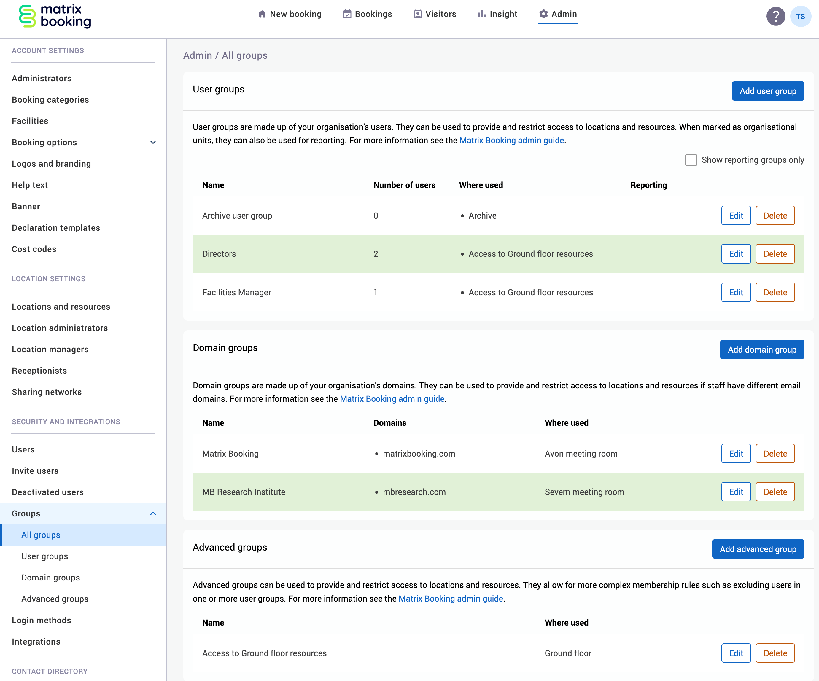All groups screen with example user, domain, and advanced groups added.
