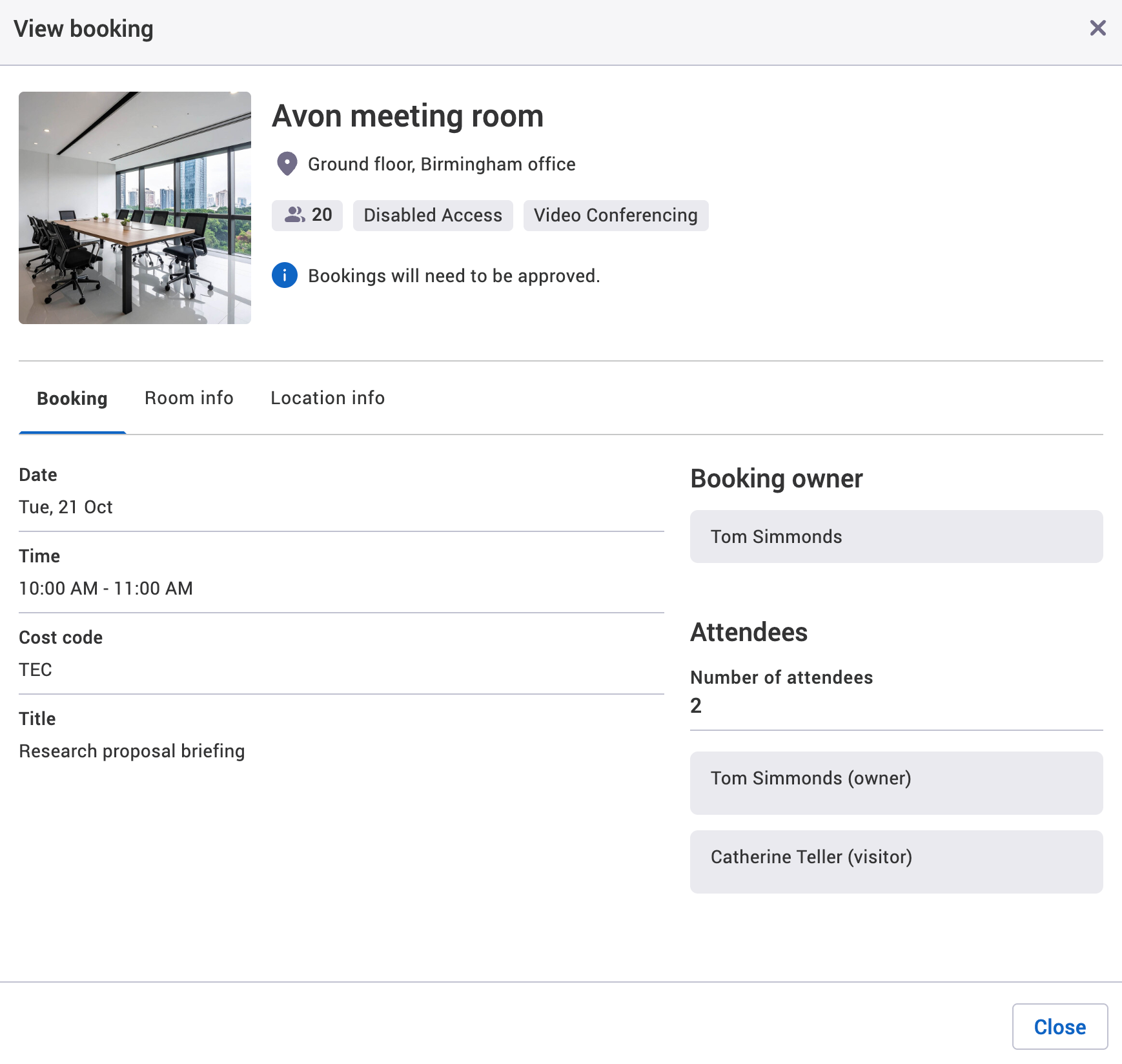 The view booking pop-up with booking data visibility and all the booking information.