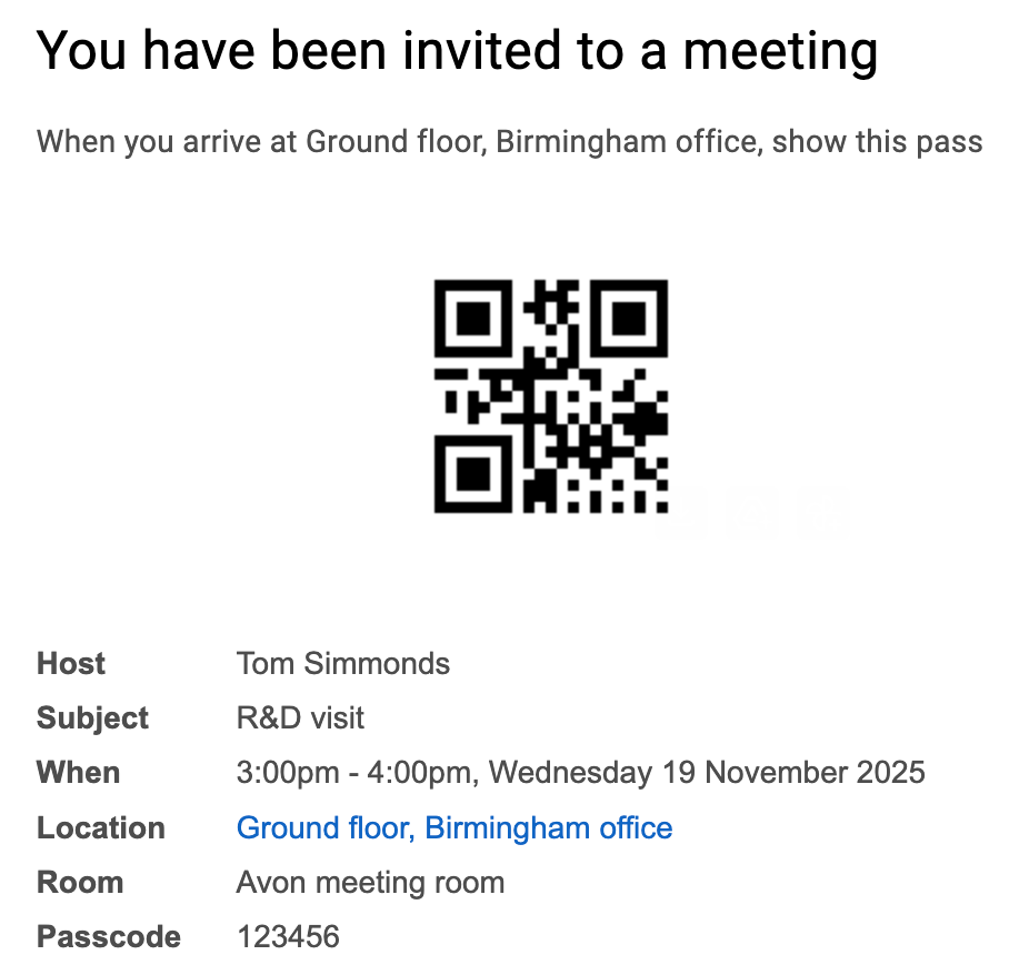 An example meeting invitation email with a passcode and QR code.