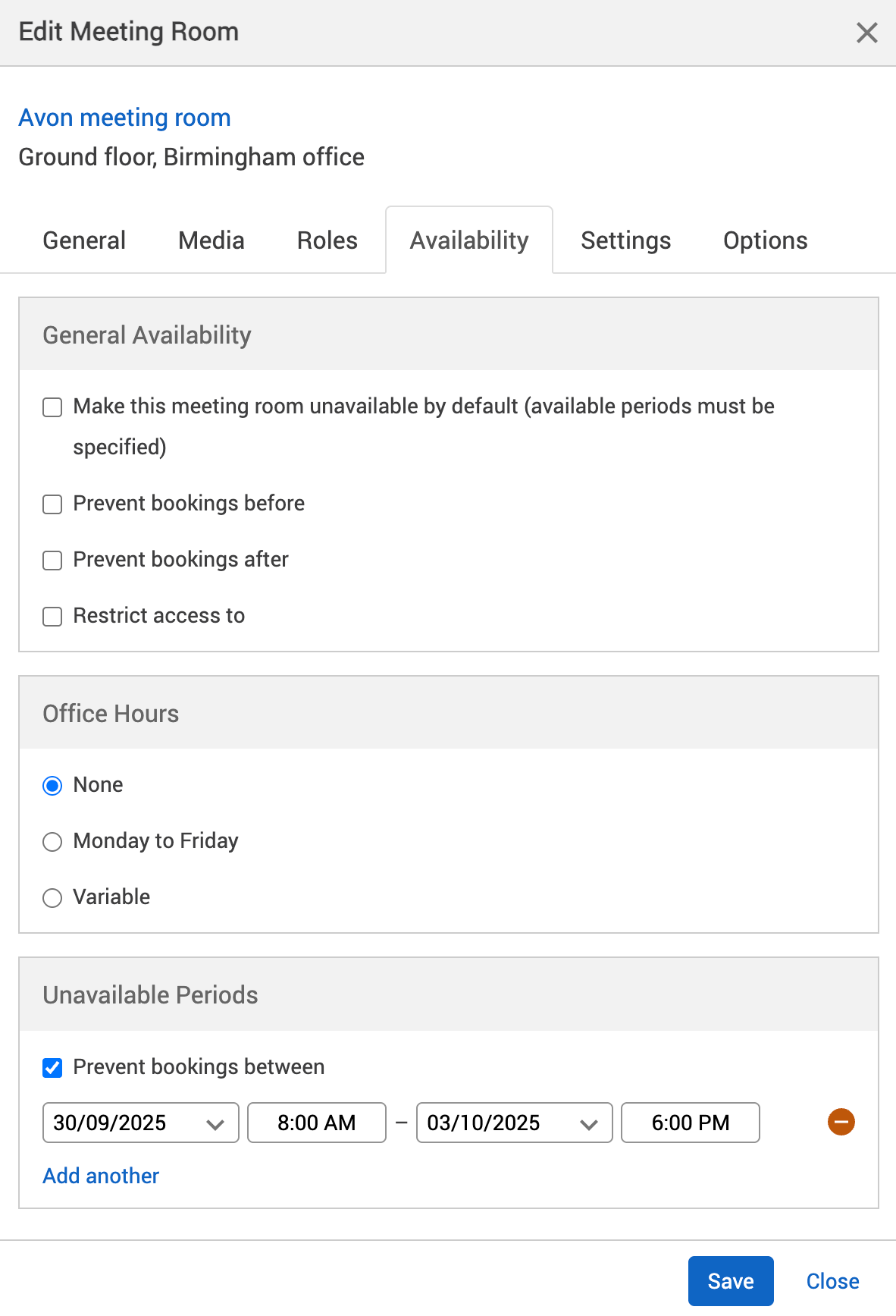 Example unavailable periods have been entered in the availability tab of the edit meeting room pop-up.