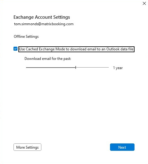 Exchange account settings dialog.