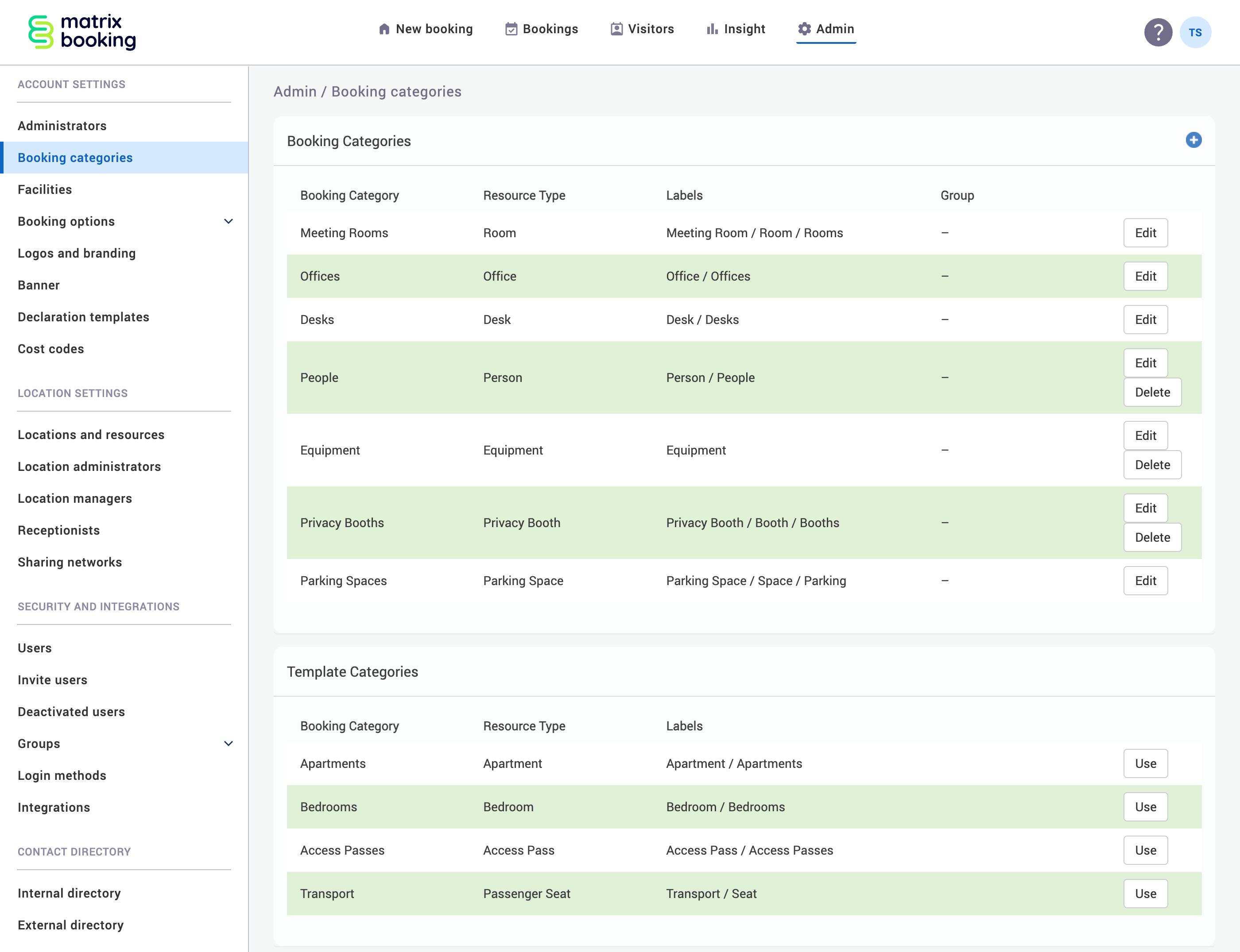 Booking categories screen with standard booking categories listed.