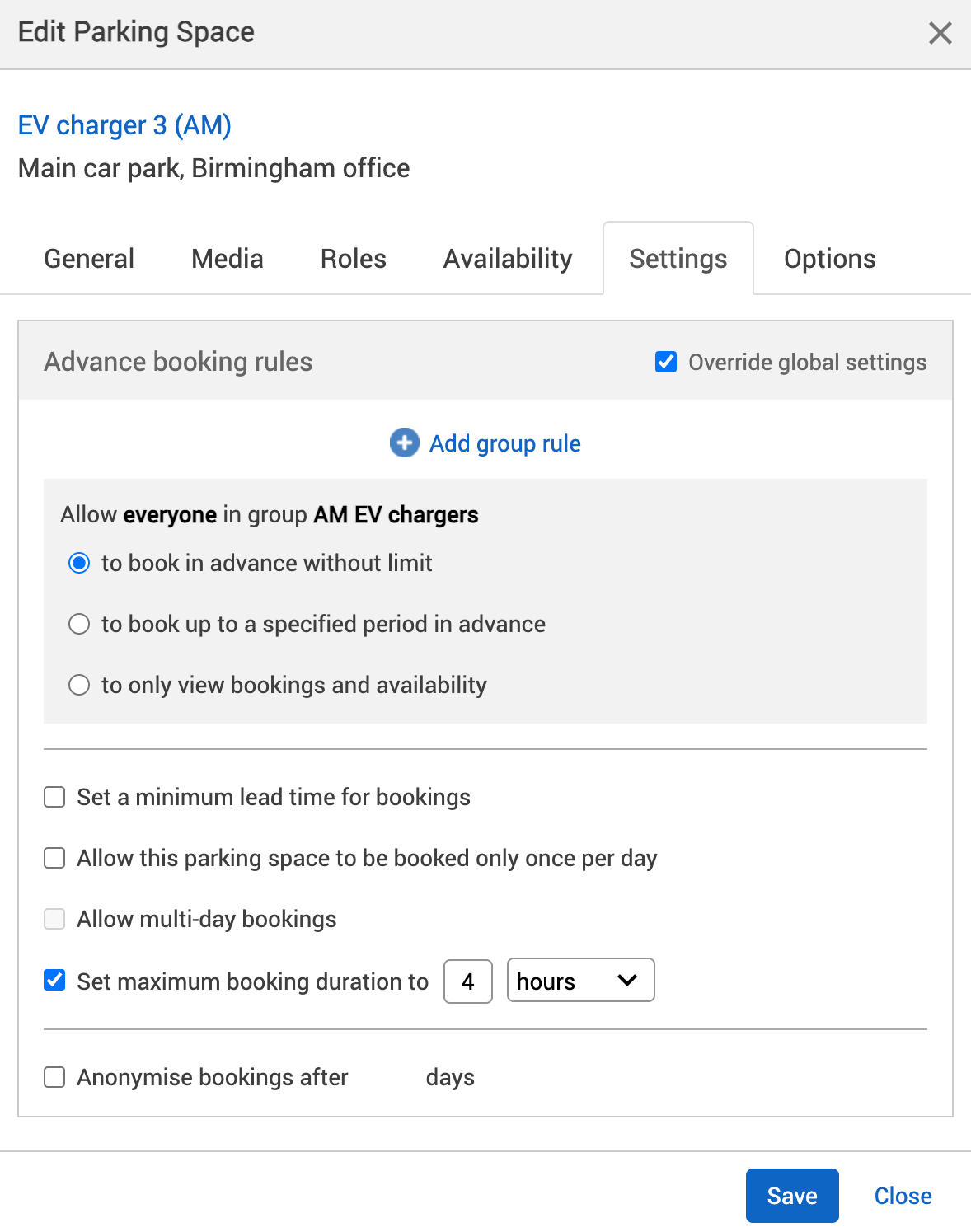 Maximum duration set up for morning EV charger in the edit resource pop-up.