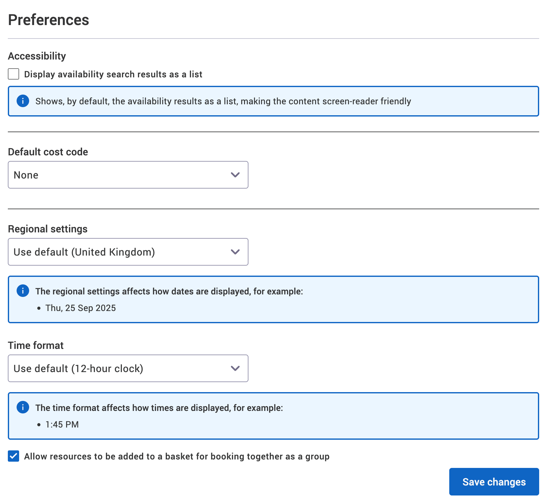 Preferences screen with the Allow resources to be added to a basket for booking together as a group tick box ticked.