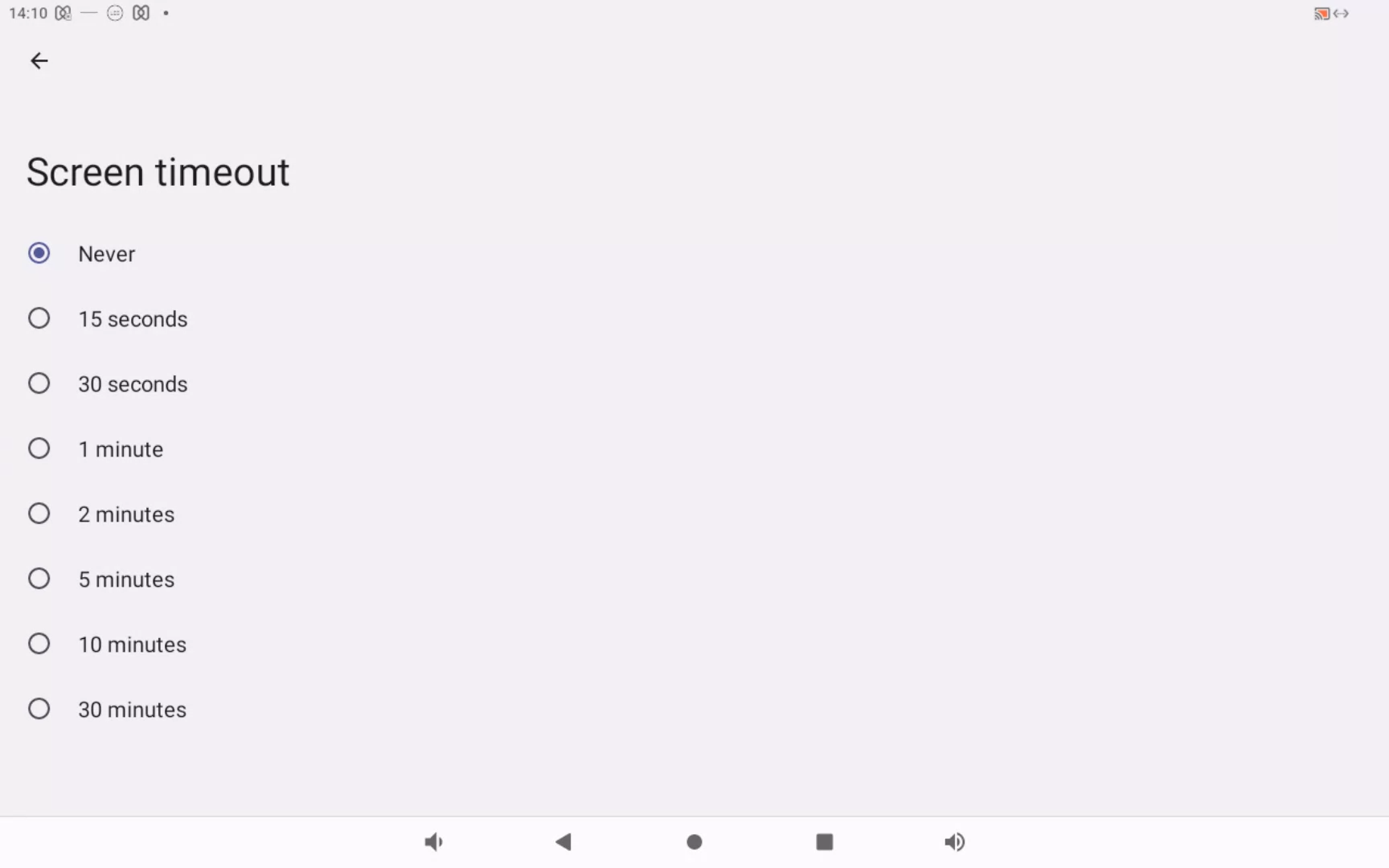 Screen timeout settings screen.