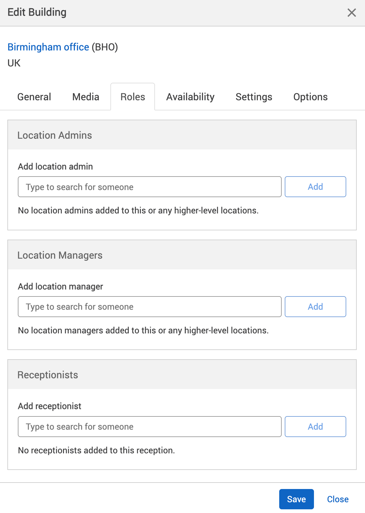 Roles tab of the Edit location pop-up.