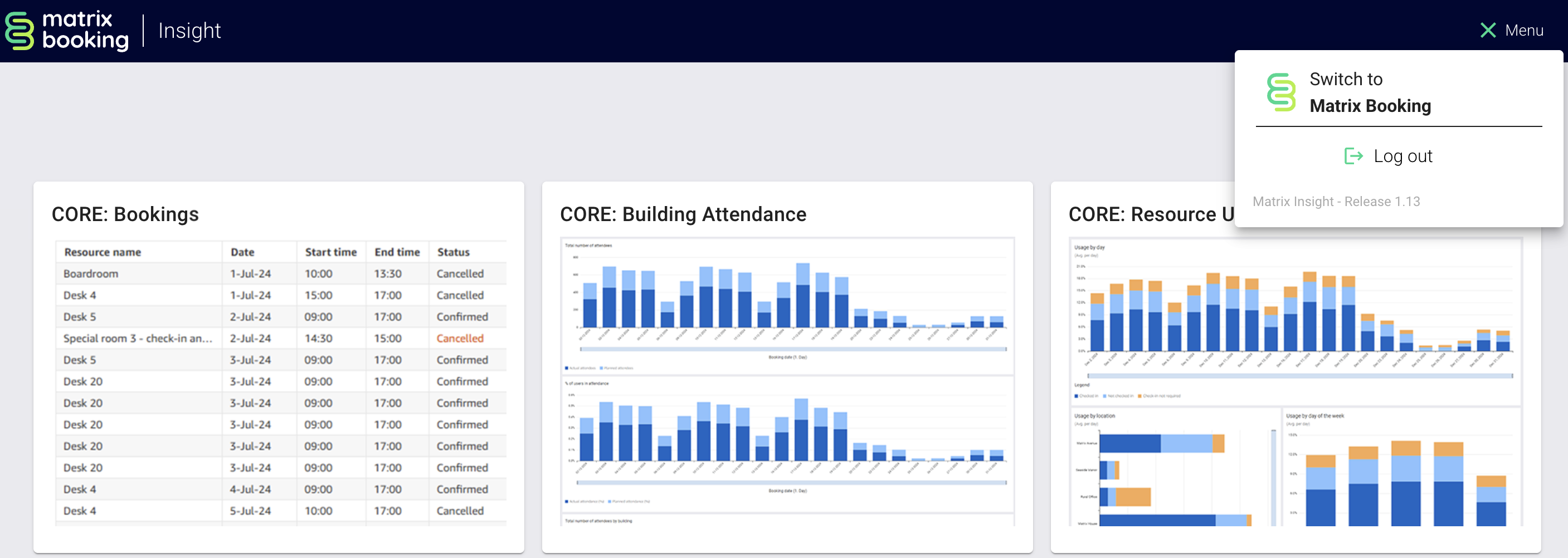 Switch to Matrix Booking button in the menu dropdown on the Insight homepage.