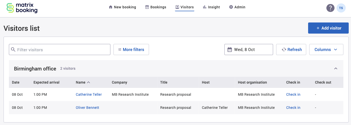 Visitors list screen with an example visitor added and host organisation displayed.