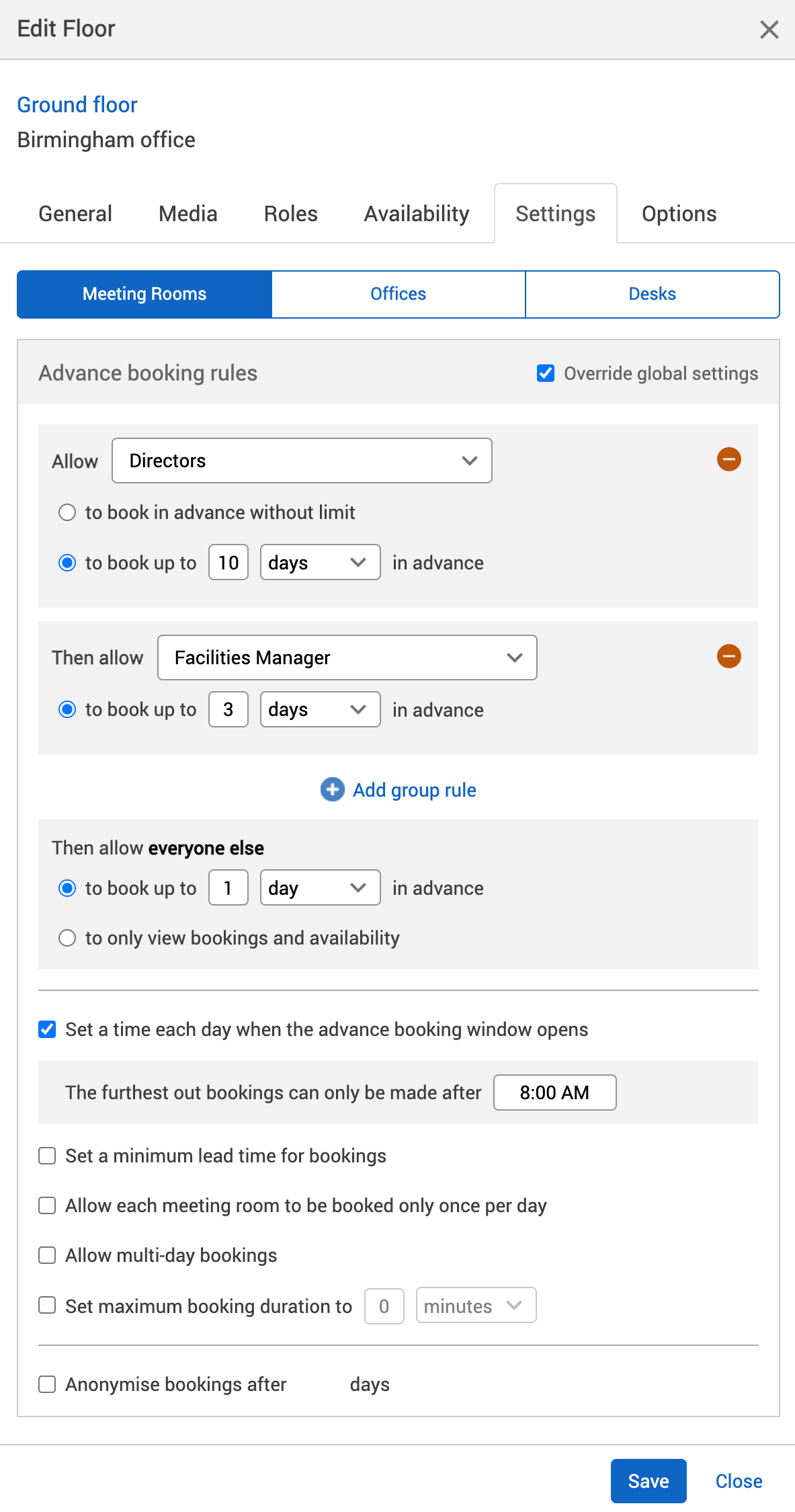Advanced booking window setting switched on.