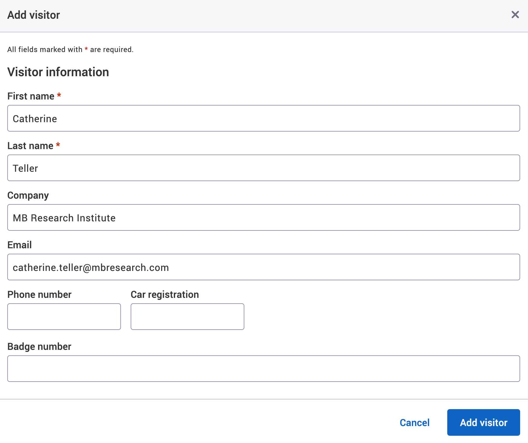 Add visitor pop-up with an example visitor added.