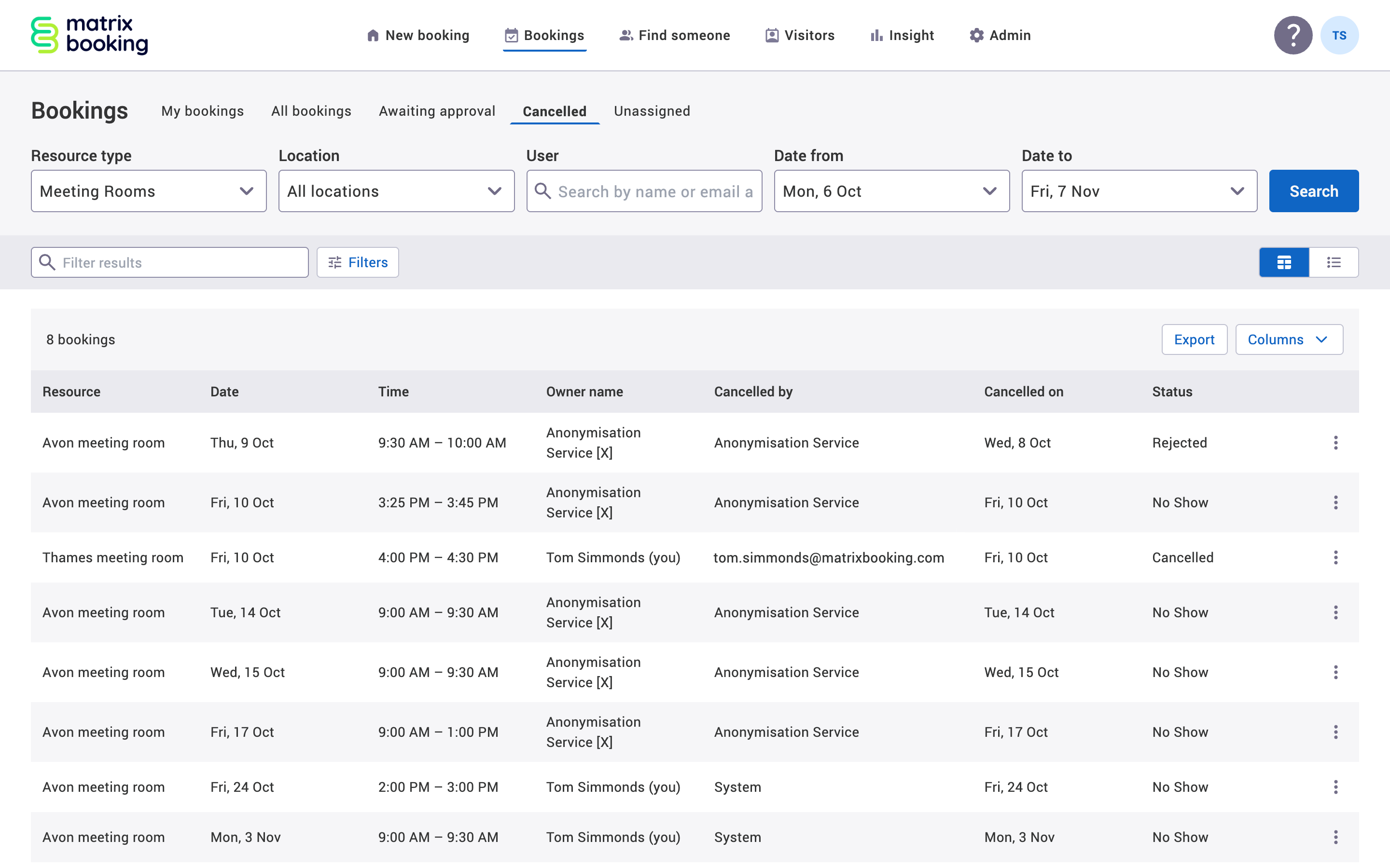 Cancelled tab in the table view with example cancelled bookings displayed.