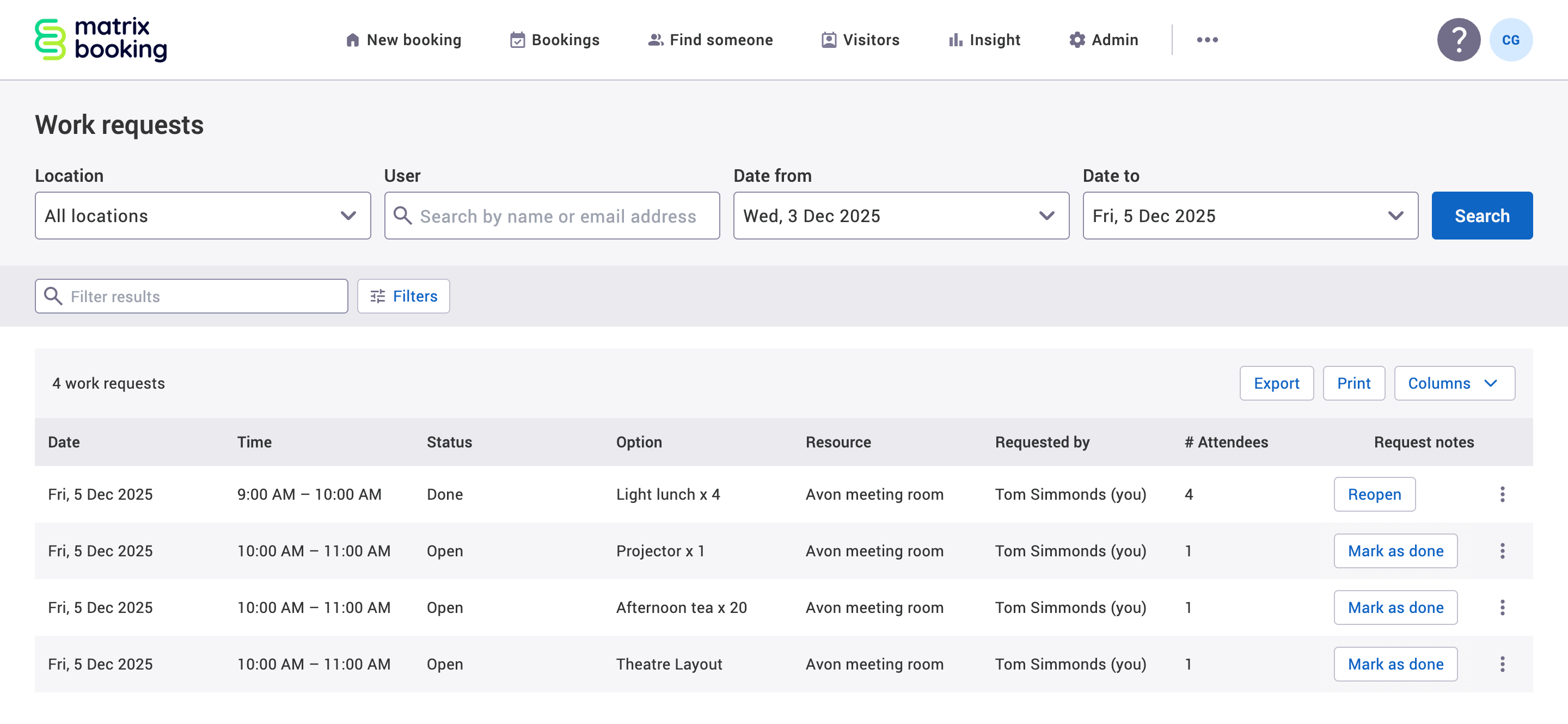 Work requests screen with the export button.
