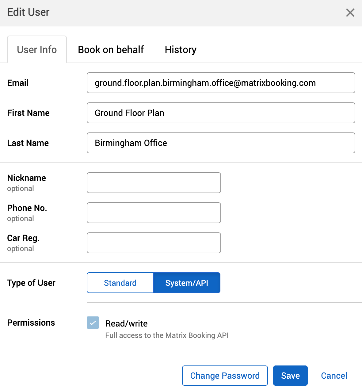 Edit user dialog of an example floor plan kiosk user account.