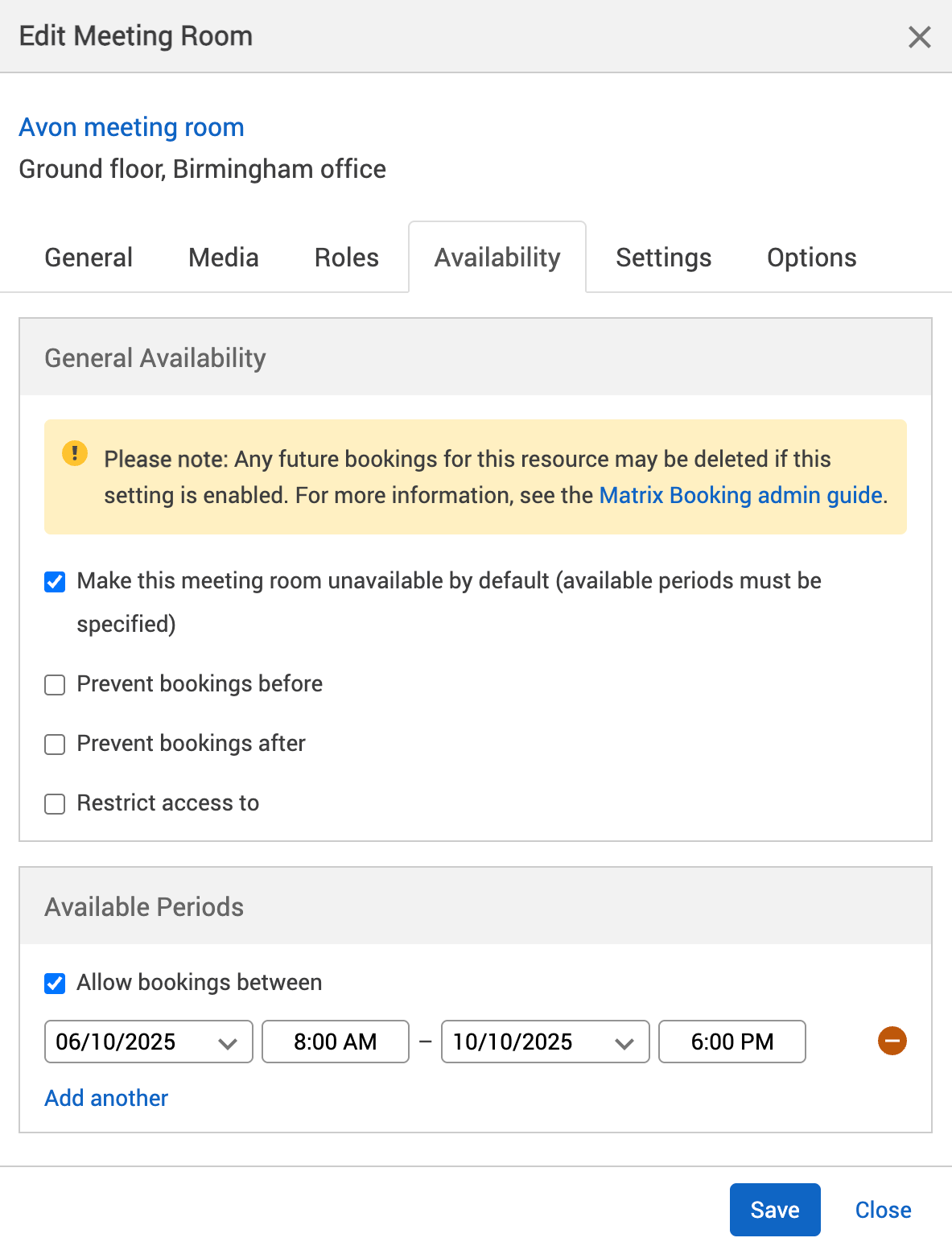 Available periods defined in the availability tab of the edit meeting room pop-up.