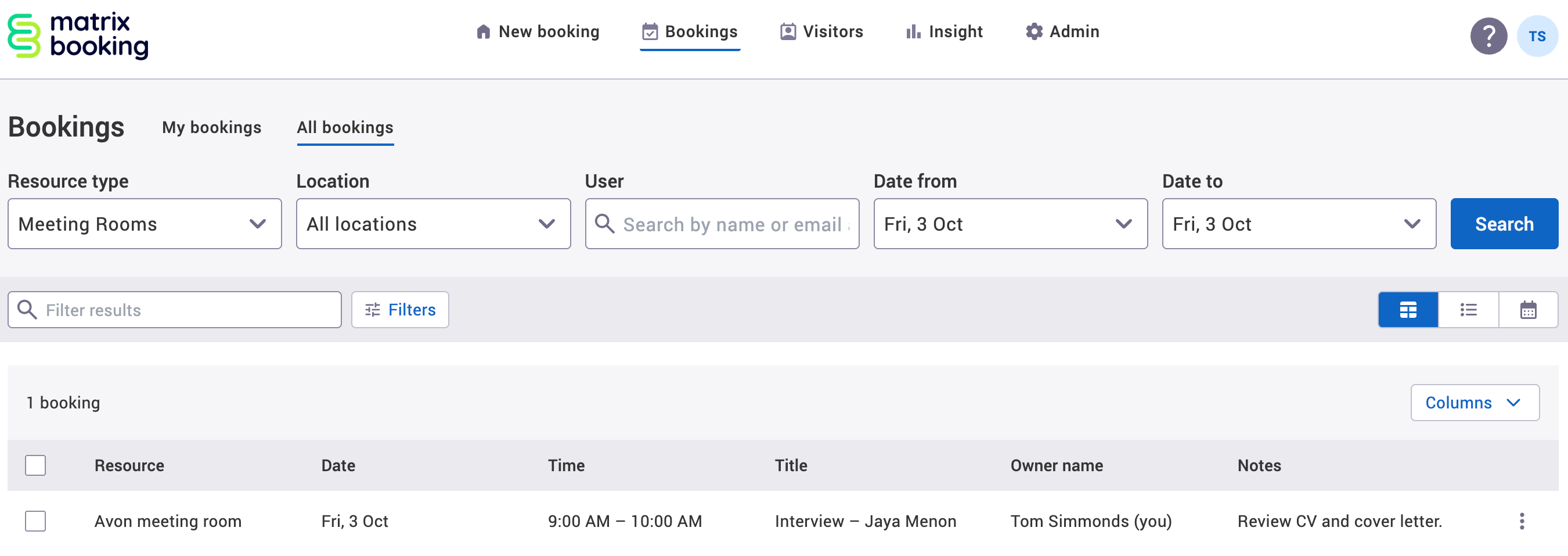 Title and notes columns in the table view of the All bookings tab in the Bookings screen.