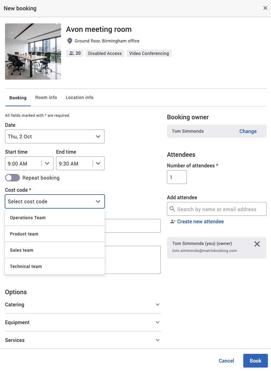 Cost code list dropdown in the new booking pop-up.
