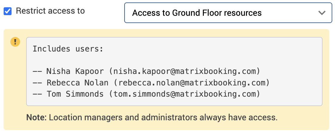 Restrict access to has been set an example user group.