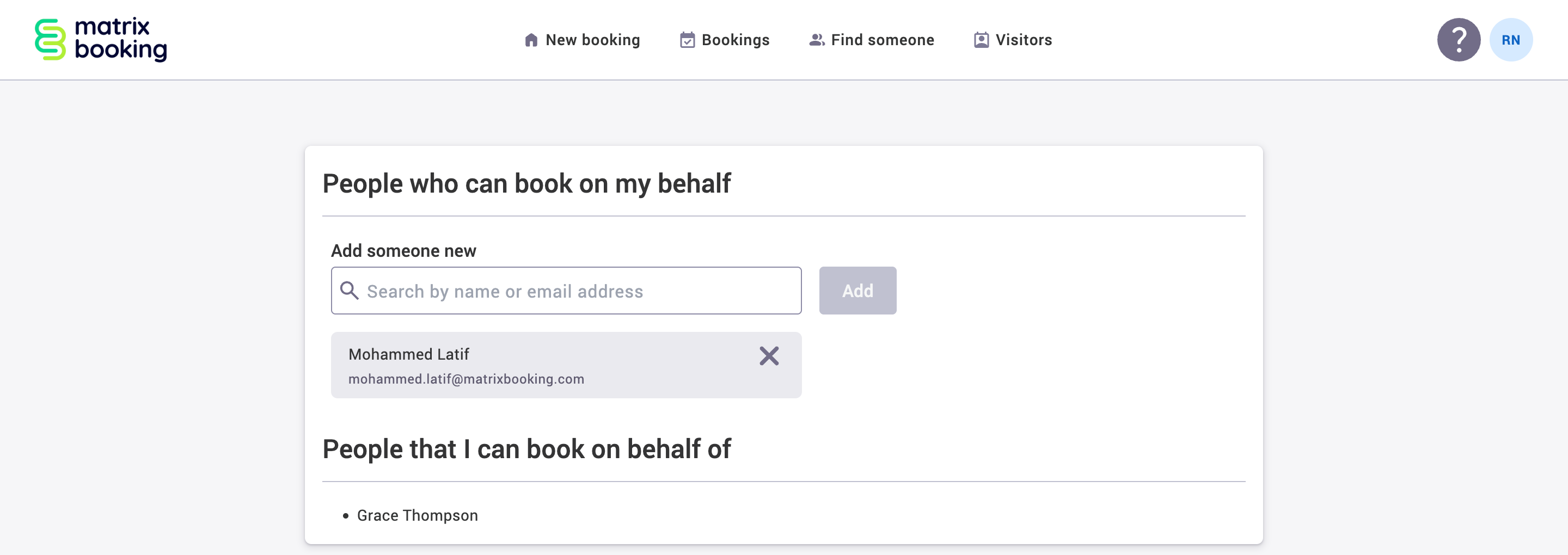 Book on behalf screen with example users added.