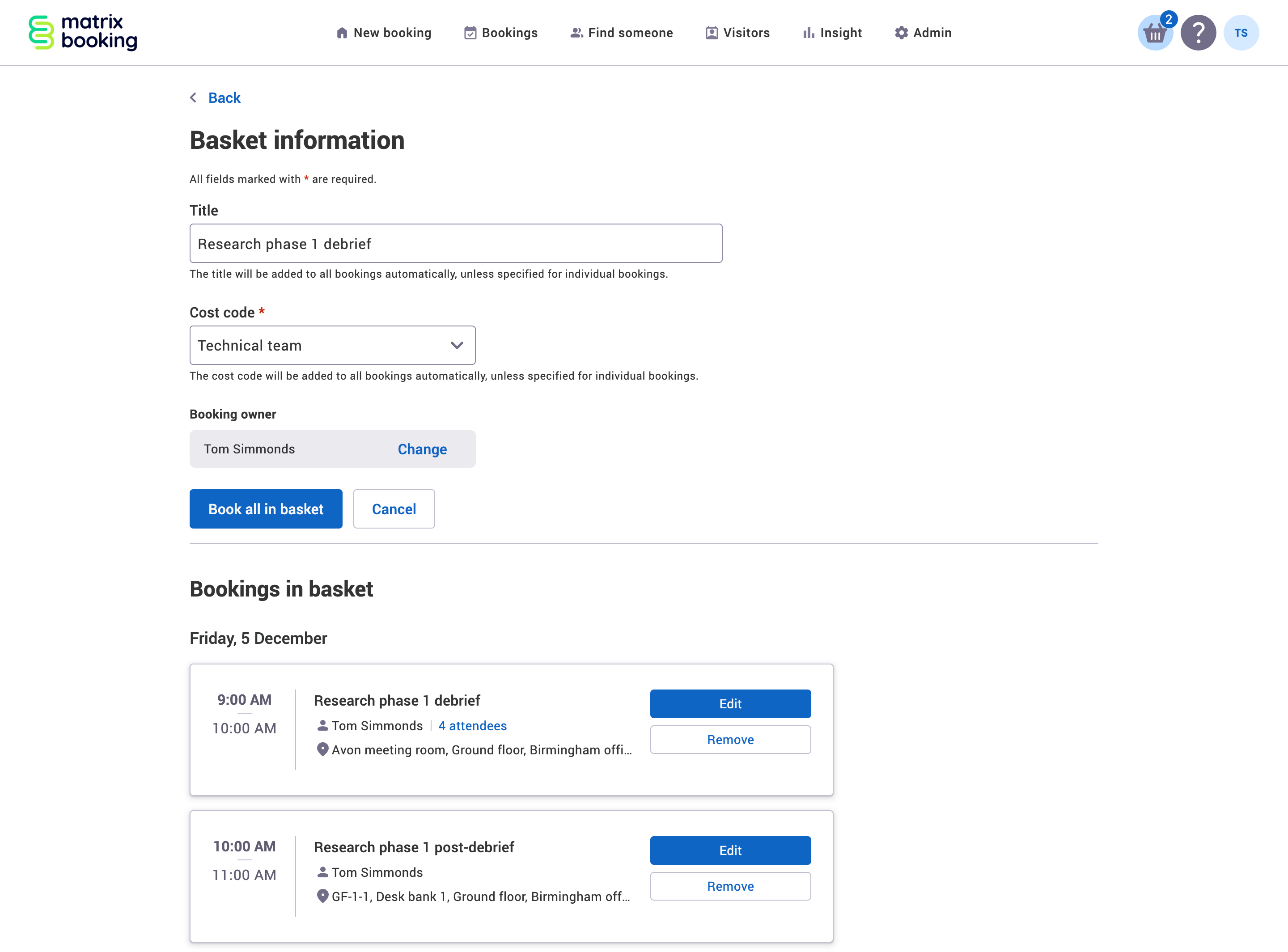 Basket information screen with a booking for a meeting room and a desk added.
