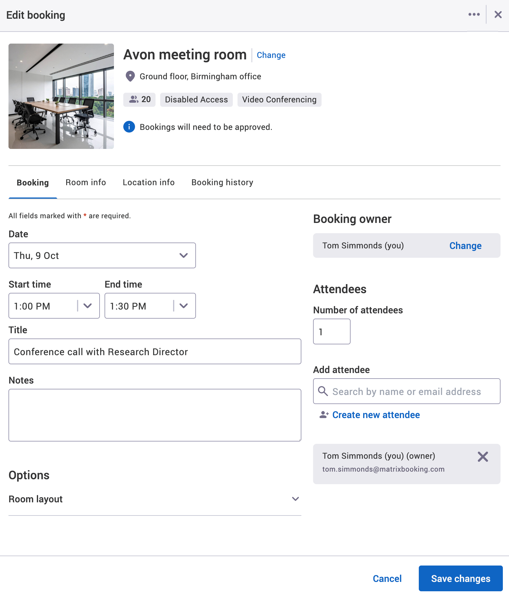 Edit booking dialog with an example past booking.