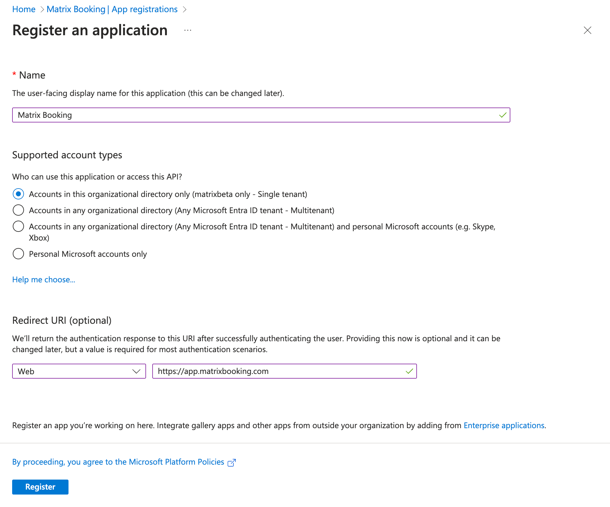 Register an application screen in Microsoft Azure.