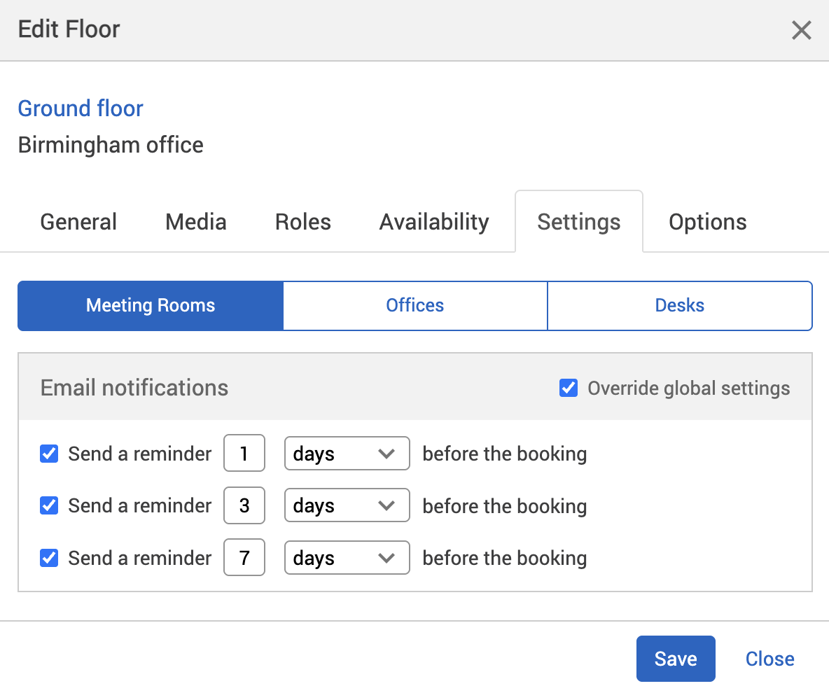 Email notifications switched on in the settings tab of the edit location pop-up.