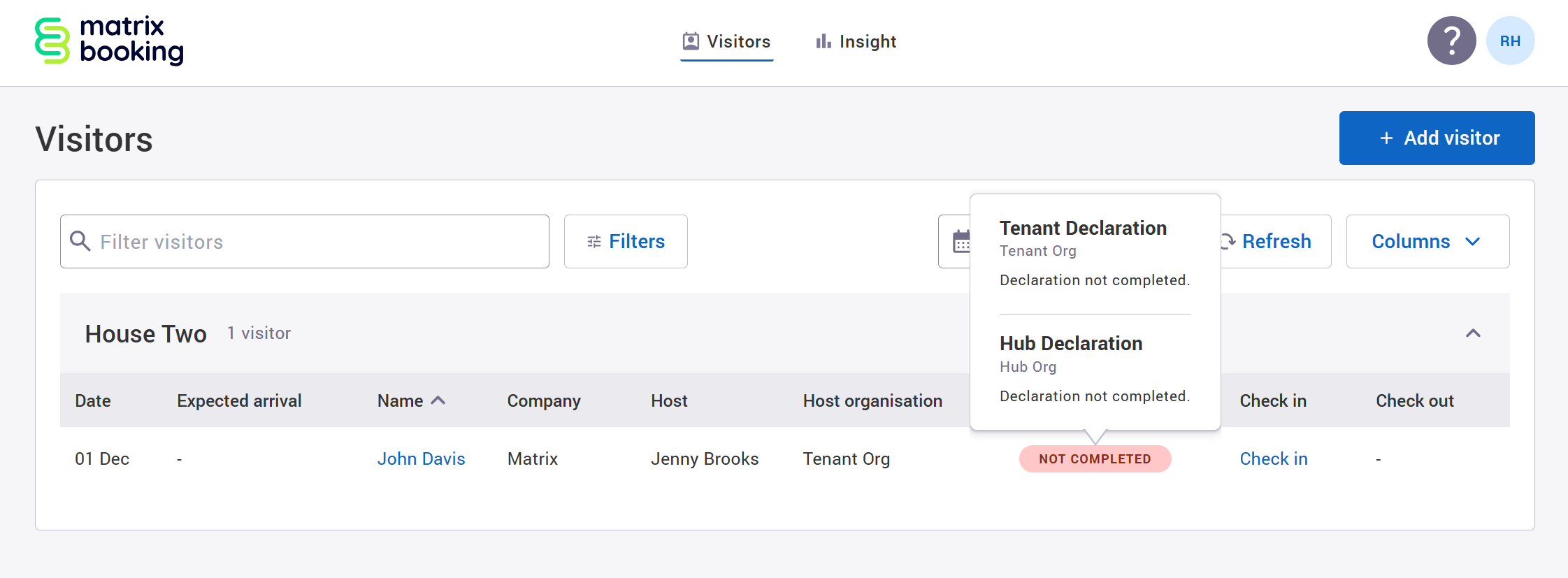 Visitors screen with the declarations dialog displayed.