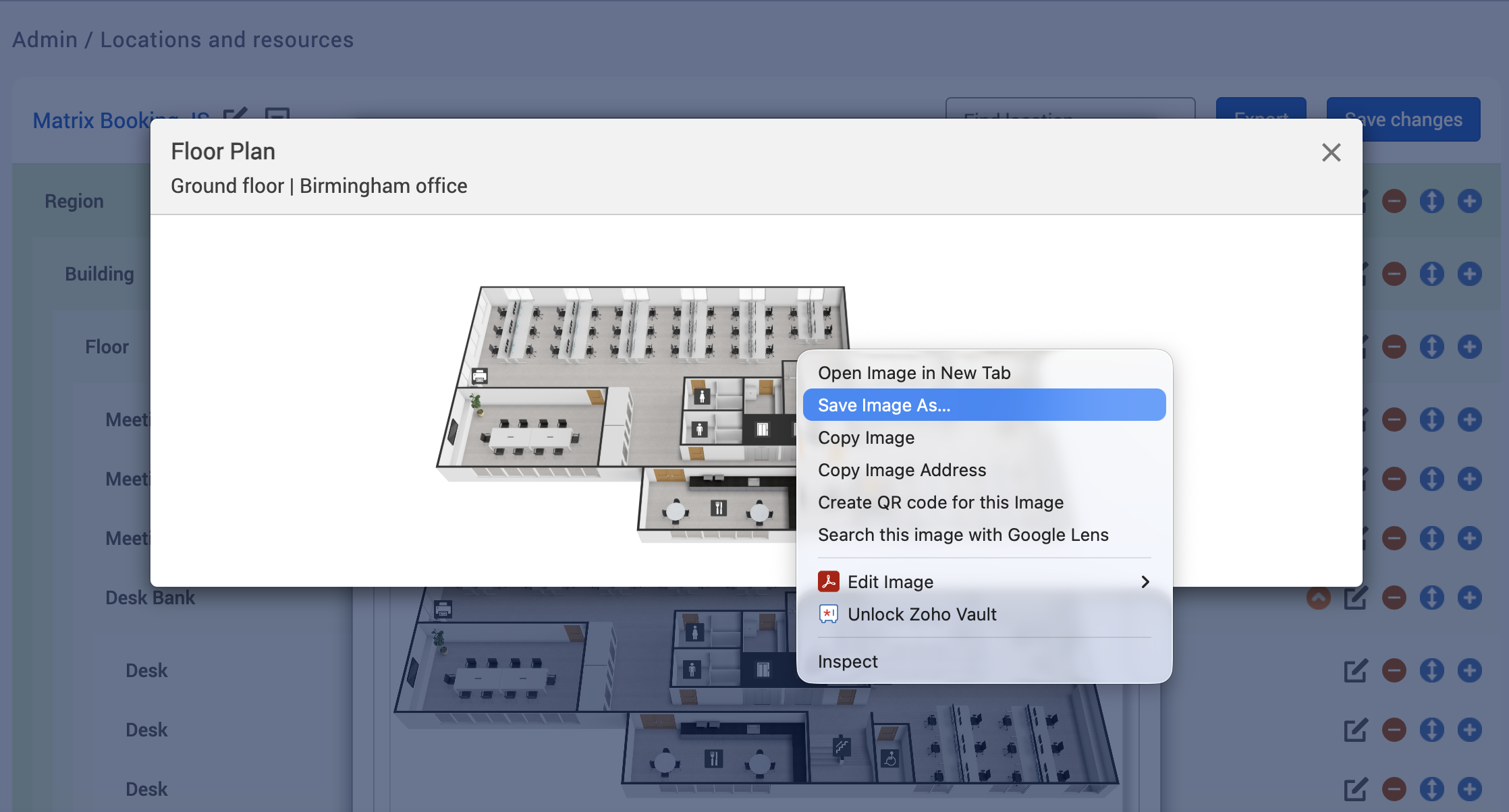 Context menu opened on the image of the floor plan.