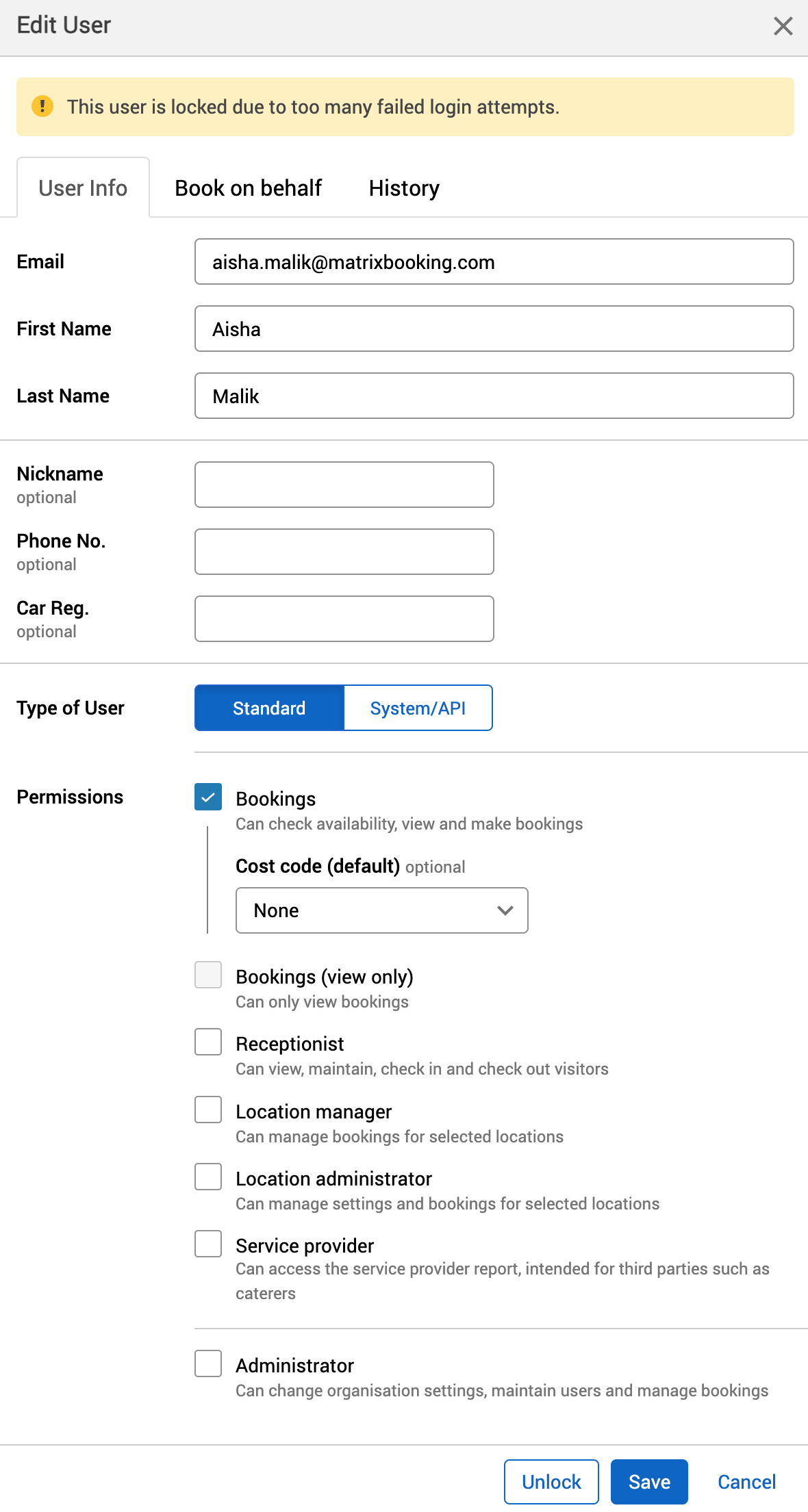 Edit user dialog of a user with the change password button being replaced with an unlock button.