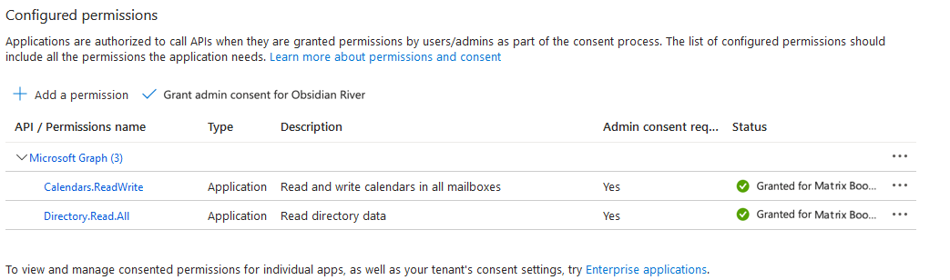Configured permissions screen in Microsoft Azure with the required permissions added.